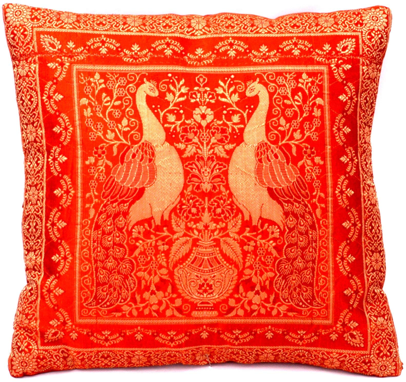 Fundas de cojín decorativas de seda india Banarasi, 40 cm x 40 cm, diseños extravagantes para decoración de salón y dormitorio, patrón PFAU 40 x 40 cm, 40 x 40 cm, naranja-5