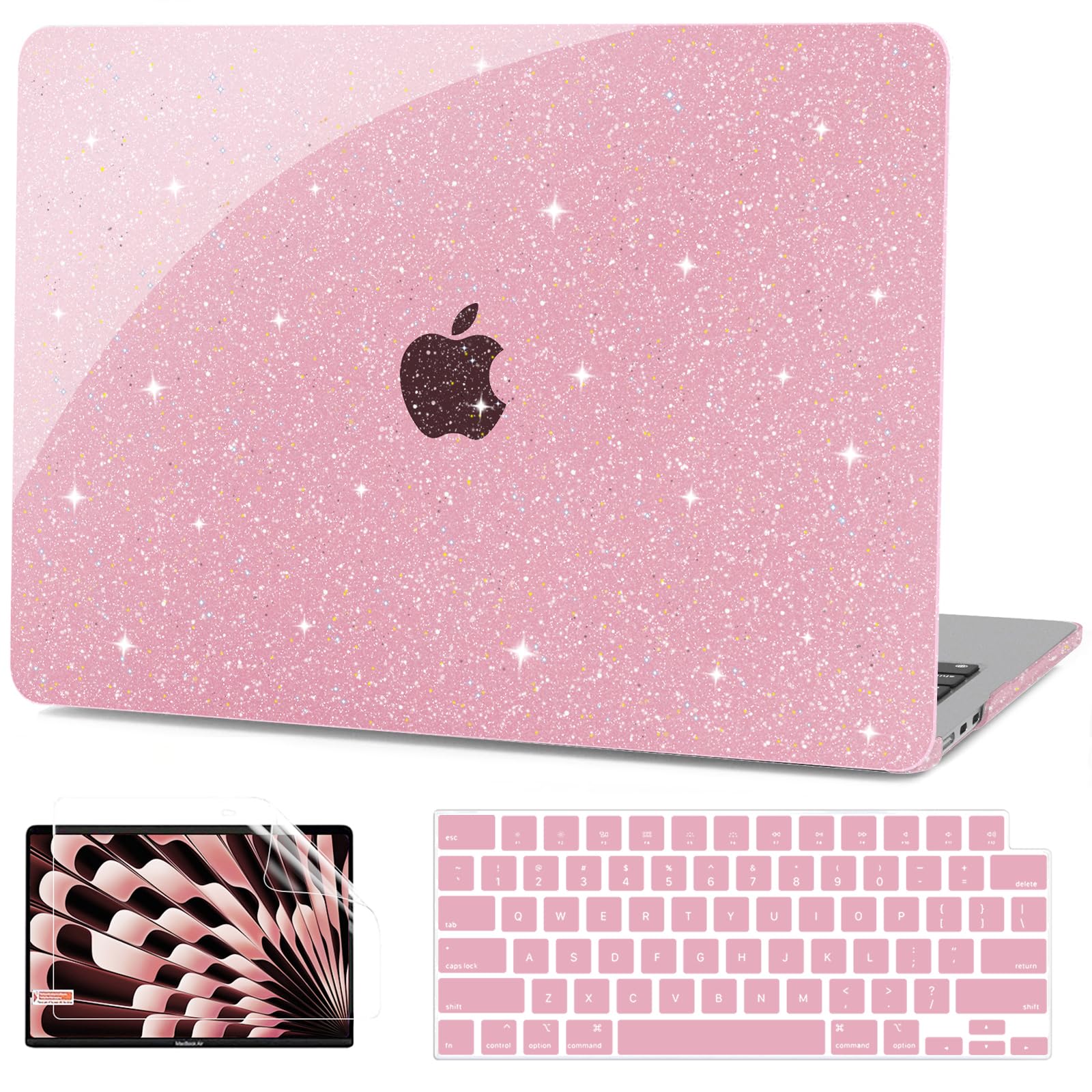 Photo 1 of G JGOO Compatible with MacBook Air 13 inch Case 2026 2025-2022 M5 A3449 M4 A3240 M3 A3113 M2 A2681, Glitter Hard Shell for MacBook Air 13.6 inch Case + Keyboard Cover + Screen Protector, Sparkly Pink