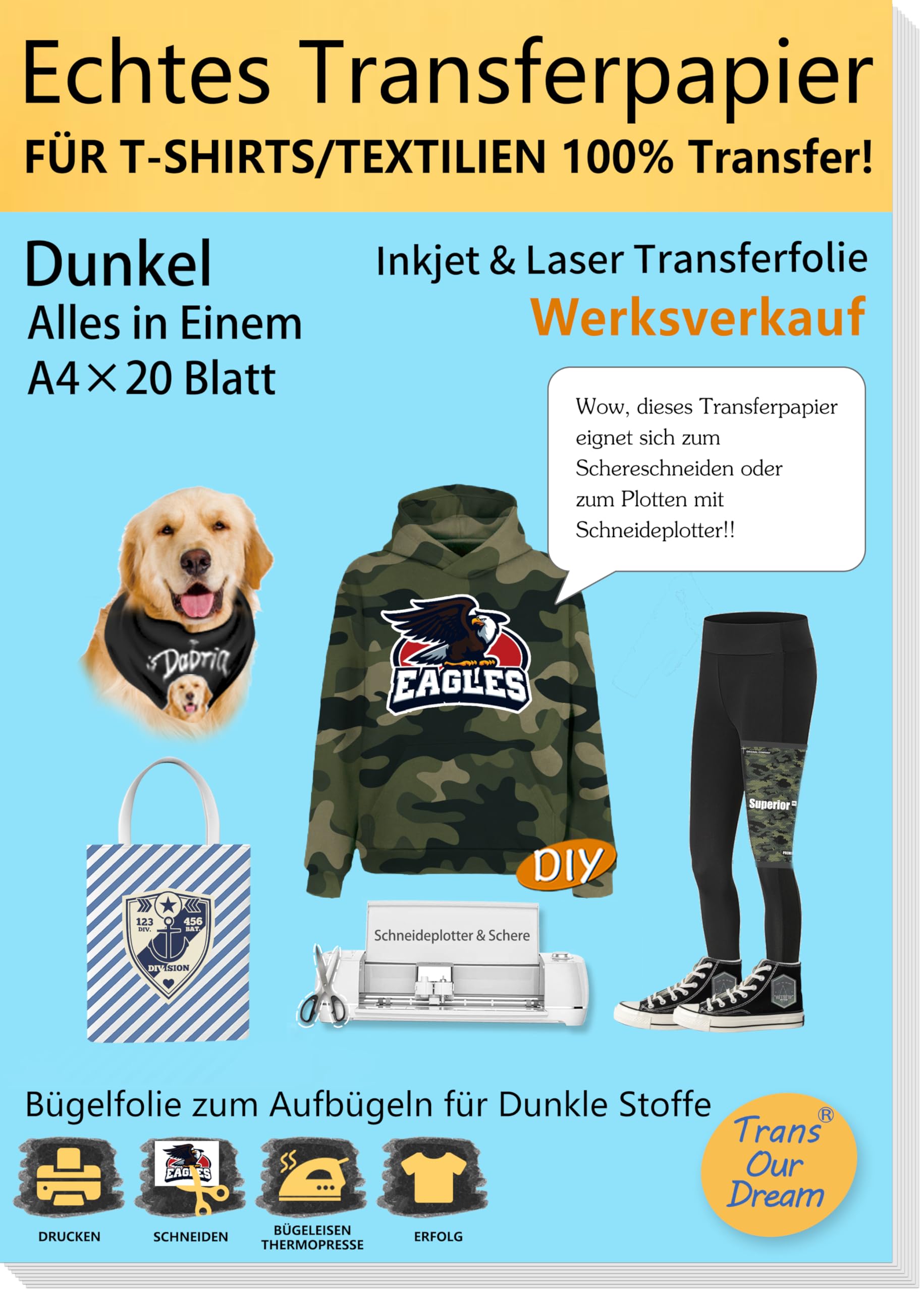 TransOurDream Echte Inkjet/Laser Transferfolie Bügelfolie(Schwarze Folie),A4X20 Blatt, für Dunkle Textilien Polyester, Poly-Baumwollmischung, Leinwand,Streifen, Karos, Jeans und Camouflage(D-FX-20)