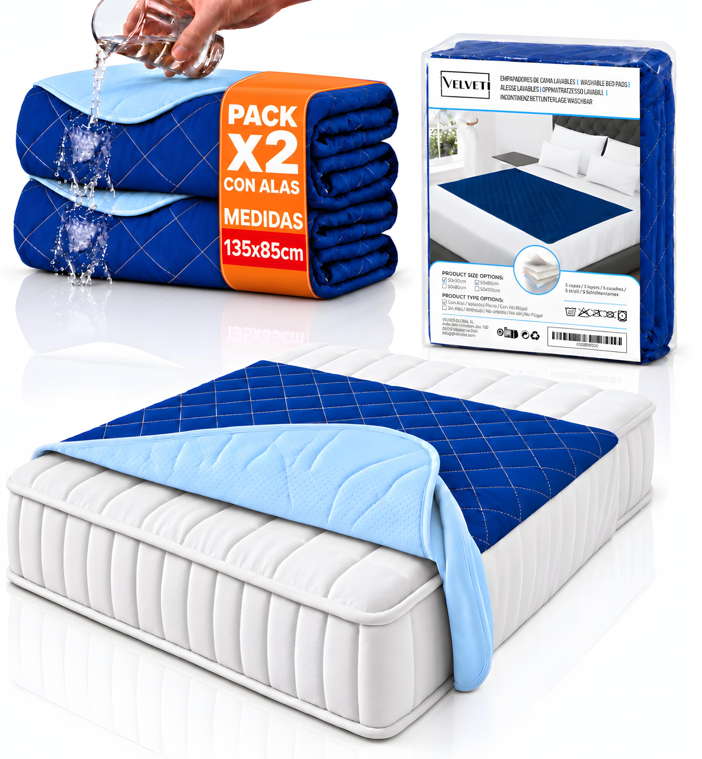 Washable Adult Bed Pads with Wings (135 x 85 cm) – 5 Layers Absorbent, Waterproof and Reusable, Large Velveti® Pads – Ideal for Incontinence for Adults, Children, Older – Pack of 2