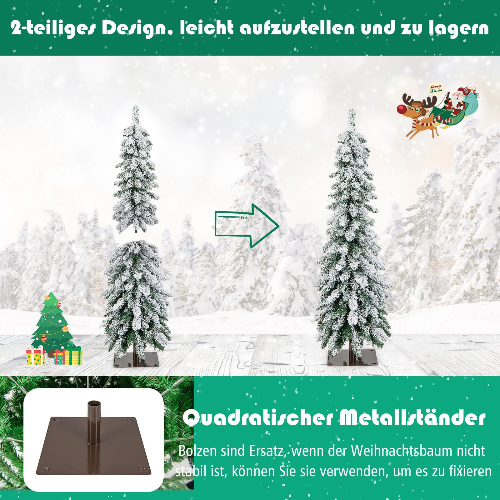 COSTWAY 120cm Bleistift Weihnachtsbaum mit Schnee, LEDs in warmweiß und bunt | 11 Lichtmodi | Timer, künstlicher Tannenbaum mit Beleuchtung & Metallständer, Christbaum Kunstbaum Weihnachten, Weiß