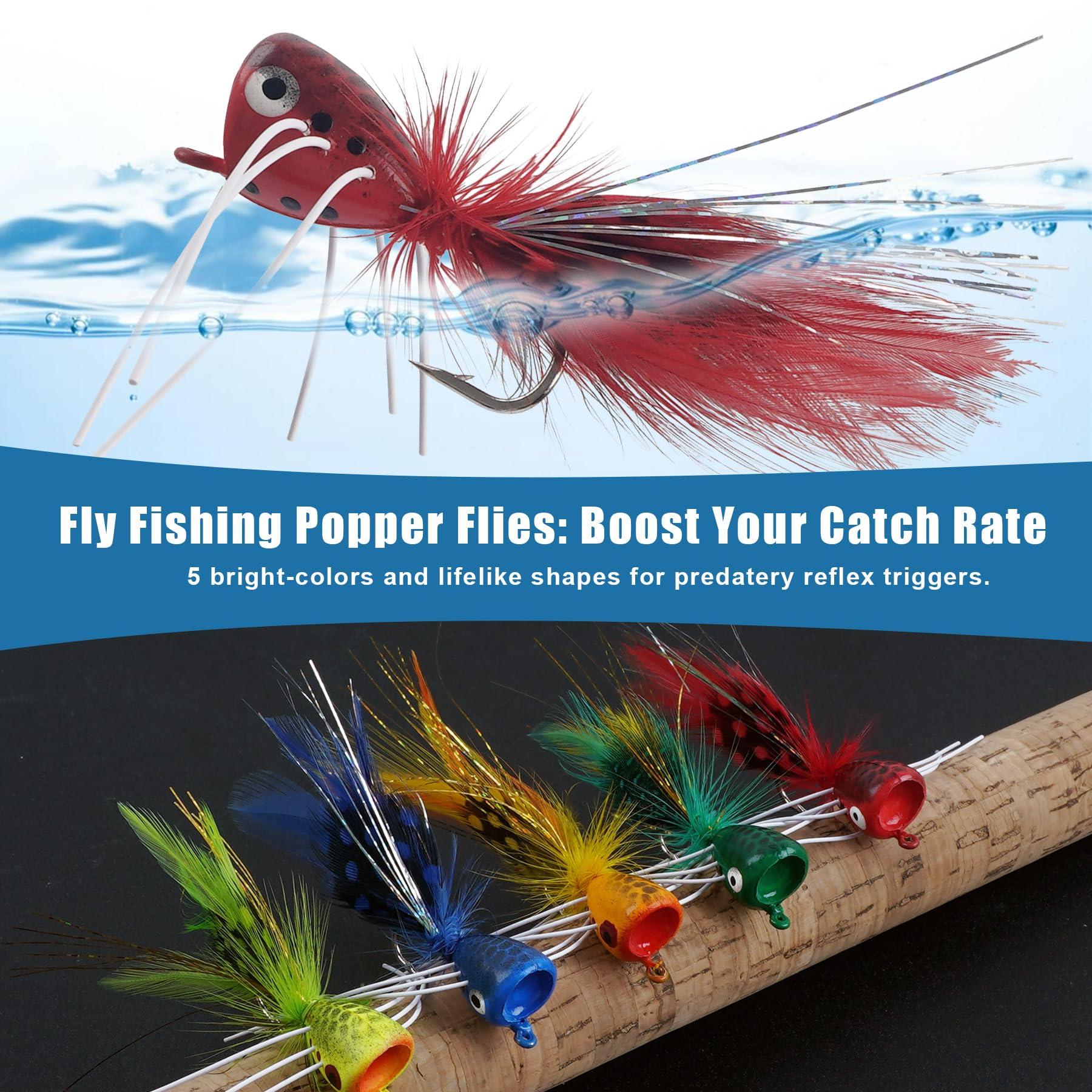 Topwater Fliegenfisch-Köder-Set, Trockenfliegen-Sortiment für Barsch, Panfish, Bluegill, Popper, Köder, Käfer mit Haken, Süßwasser