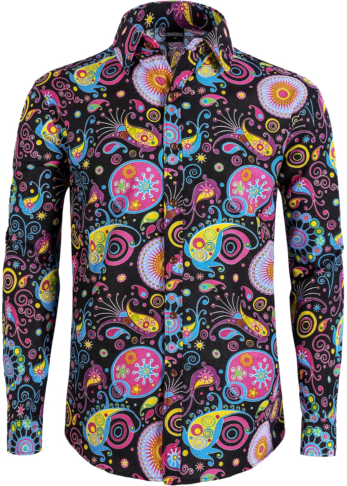 COSAVOROCK Camisa años 70 Hippie para Hombre Manga Larga Camisas Flores Casual Estampadas