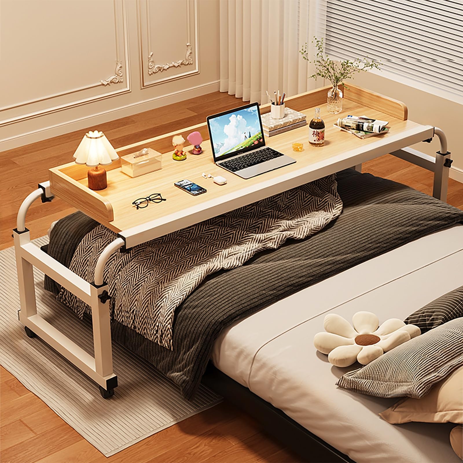 Table de lit réglable avec roulettes bois naturel 120x44 cm bureau médical