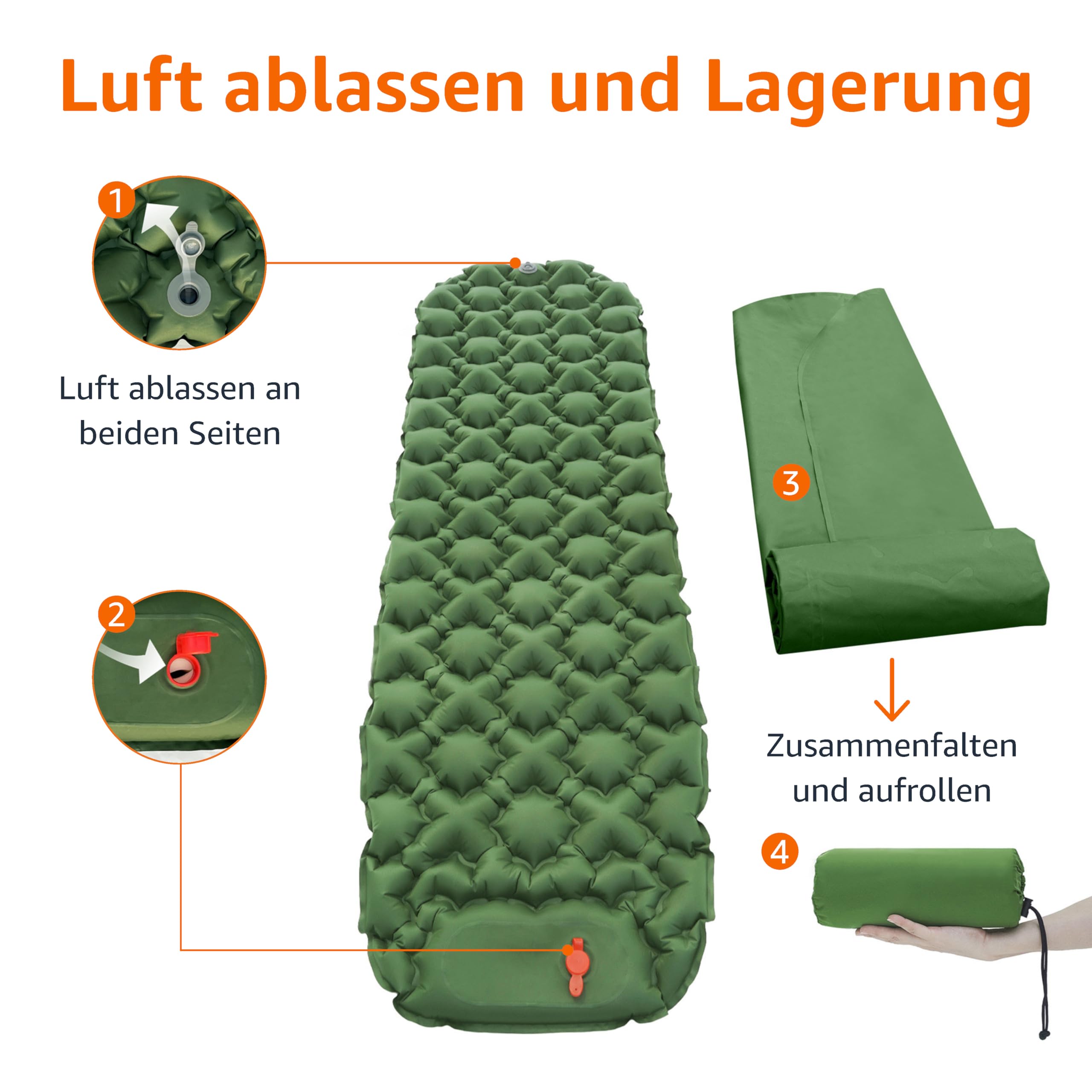 Amazon Basics Camping-Isomatte, leicht, wasserdicht, mit Fußpumpe, 5,6 cm dick, Olivgrün, M