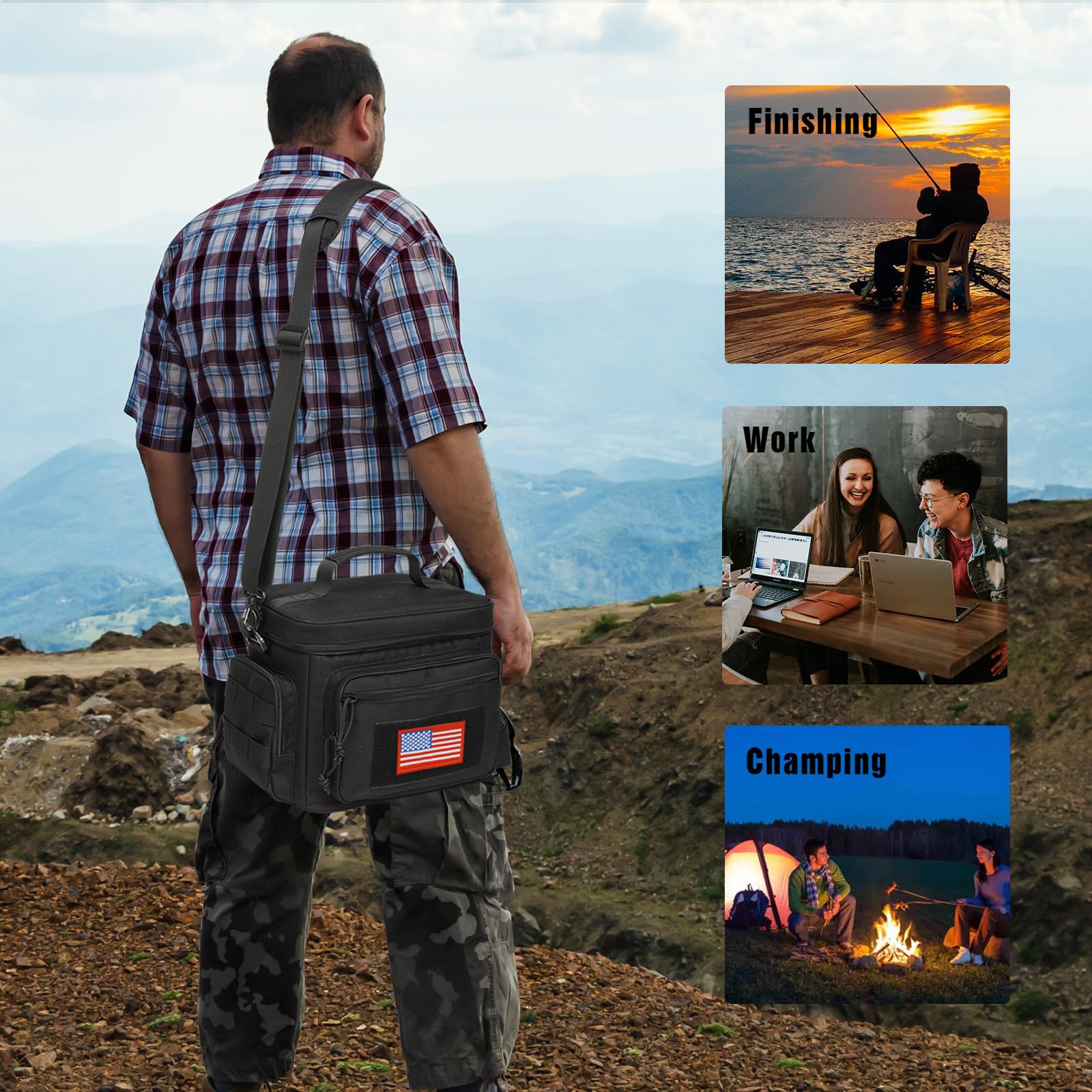 ATRIPACK Borsa portapranzo da uomo, tattica, con cinghia MOLLE, a prova di perdite, isolata, grande, per donne e adulti, con tracolla regolabile, durevole secchio per il pranzo (nero)