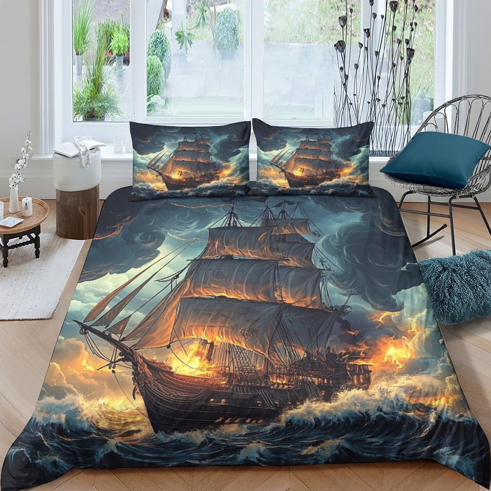 Ctjqhvkz Style-4 3D Printed Pirate Ship Fitted Sheet Microfiber Soft Breathable Stormy Ocean Bed Cover For Bedroom Guest Room Decor Single（135X200cm）