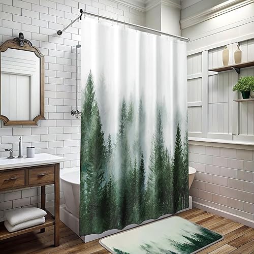 Miniatura 9 de ORTIGIA Cortina de ducha de 60 x 72 pulgadas para baño pequeño, juego de cortina de ducha verde estrecho con ganchos, tela impermeable, pino,