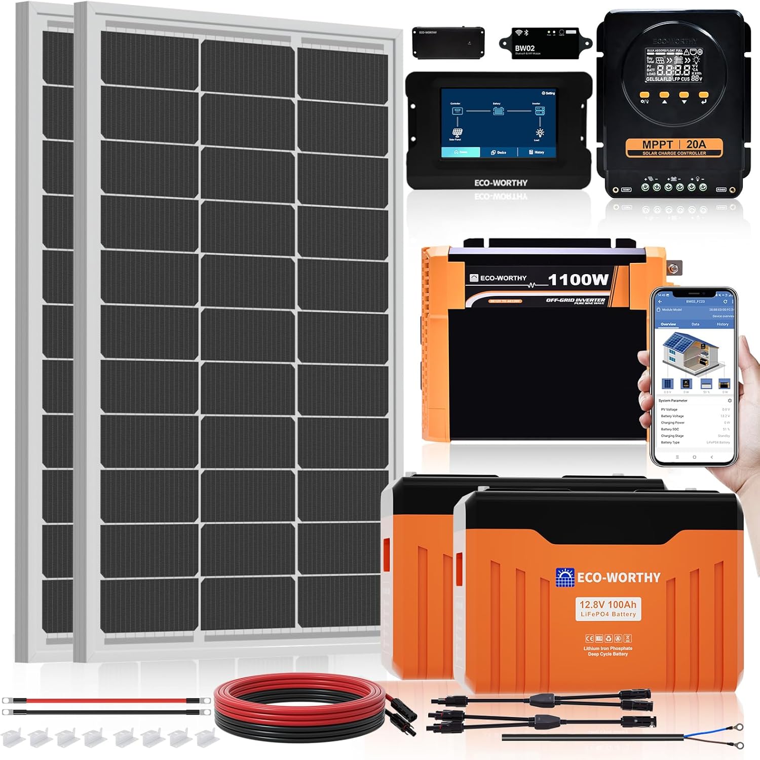 ECO WORTHY 12V 200W Solar Panel kit with Battery and Inverter for RV Off Grid:2PCS 100W Solar Panel,2PCS 12V 100Ah Lithium Battery with SOC Display,1100W Inverter,20A MPPT Controller with Bluetooth