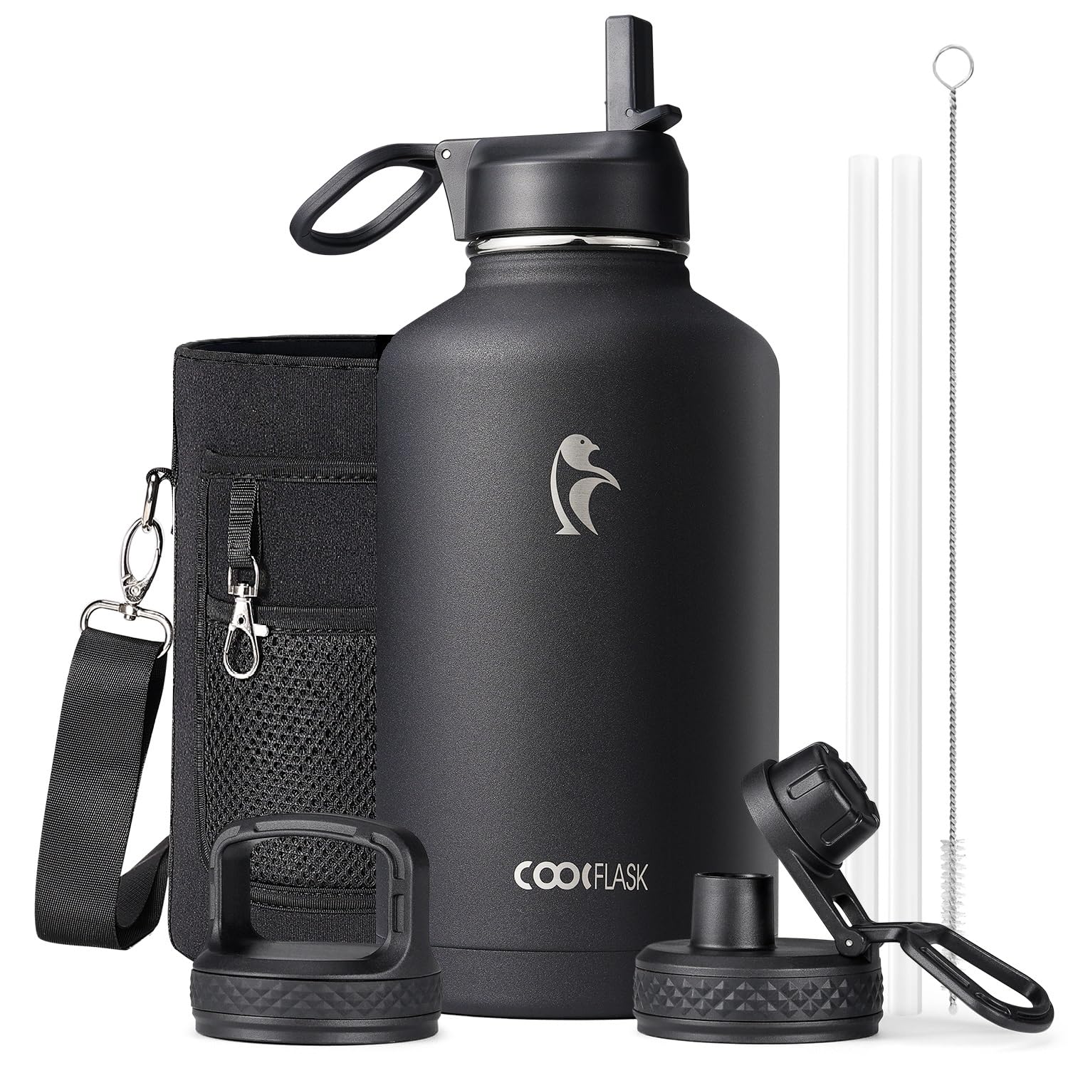 Botella de agua isotérmica de 2L, Coolflask Botella de agua con pajita y 3 tapas, Botella de agua fría y caliente de acero inoxidable con doble aislamiento al vacío y a prueba de fugas, Negra