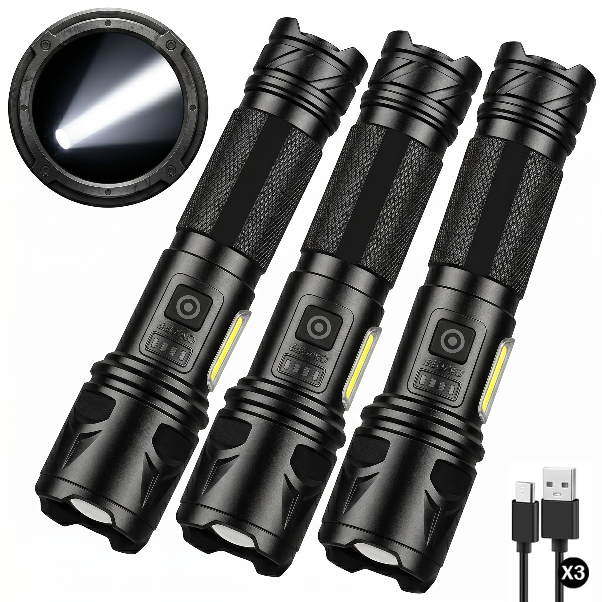 Confezione da 3 torce a LED ricaricabili, 99.000 lumen, super luminose, per campeggio ed emergenze, 7 modalità e messa a fuoco regolabile con luce laterale COB, potente torcia portatile per