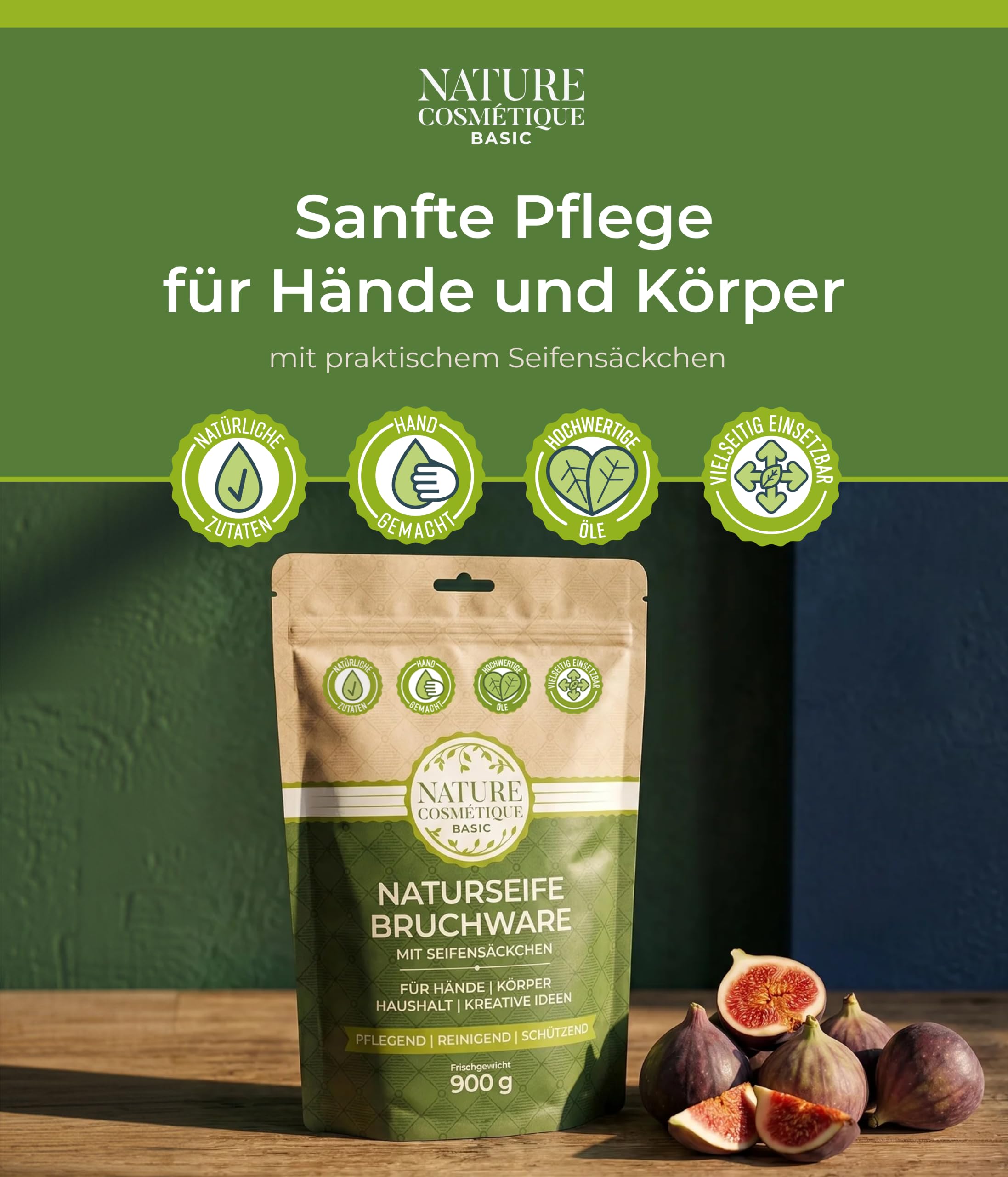 Nature Cosmétique® Jabón natural básico con saquito de jabón higo (afrutado, dulce) – Jabón de rotura orgánico – Jabón de manos y ducha vegano, para piel seca y madura – Jabón corporal regalo