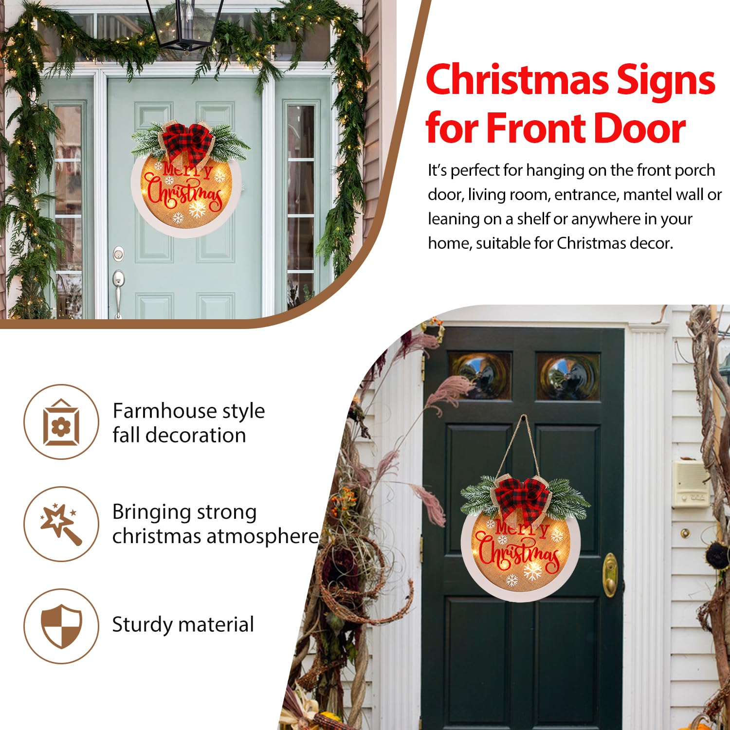 HOMCDALY Letrero de bienvenida de Feliz Navidad para puerta delantera, corona de Navidad de invierno con luz, decoración de puerta de granja, letrero colgante de madera, decoración de Navidad