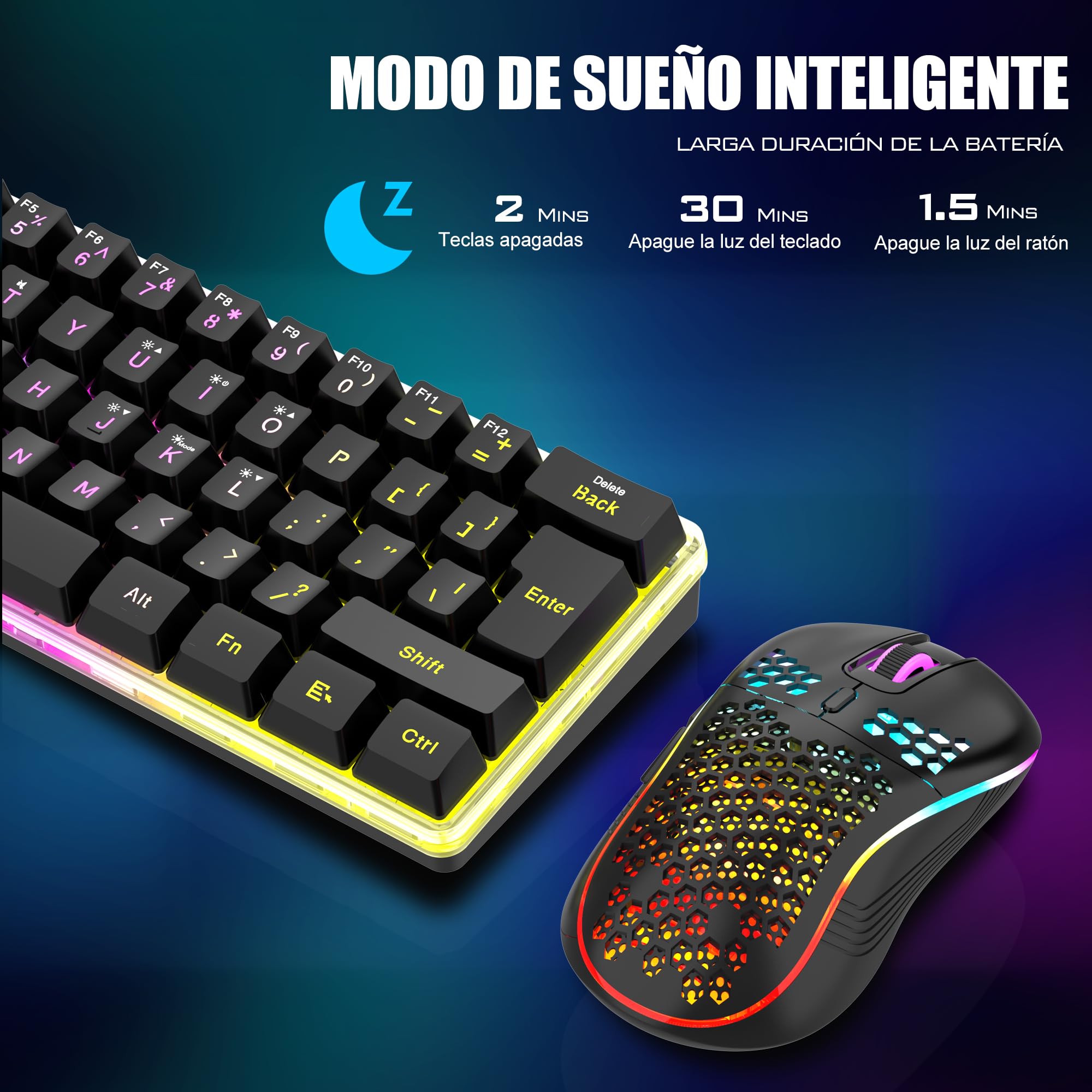 RedThunder Teclado Mecánico Inalámbrico Gaming 60%,Retroiluminación RGB Dinámica,Ratón Celular Ligero de 3200 dpi,Teclado Ultra-Compacto 62 Teclas Anti-ghosting,Disposición QWERTY ES,para PC/PS5/Xbox