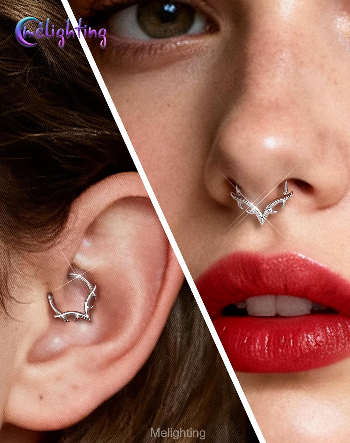 Melighting 16G V-Shaped Septum Ring, 316L Stainless Steel Nose Clicker, Wing Blade Septum Piercing Jewelry, Steel Daith Earring Helix Cartilage Piercing for Women 8/10 mm - Image 3
