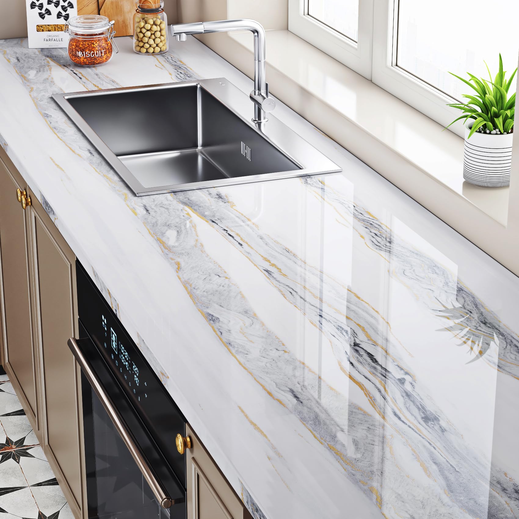ReWallpaper White Grey Marble Contact Paper Waterproof Marble Countertop Peel and Stick Heat-Resistant Granite Contact Paper for Kitchen Counter