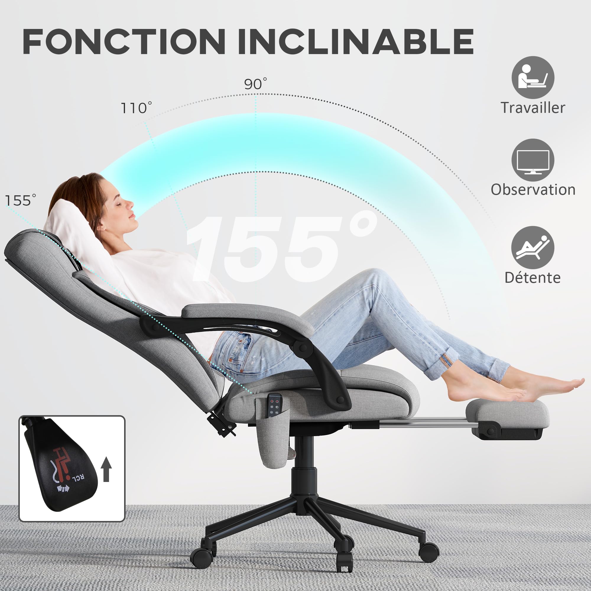 Vinsetto Fauteuil de Bureau Ergonomique avec Massage Chauffant Gris