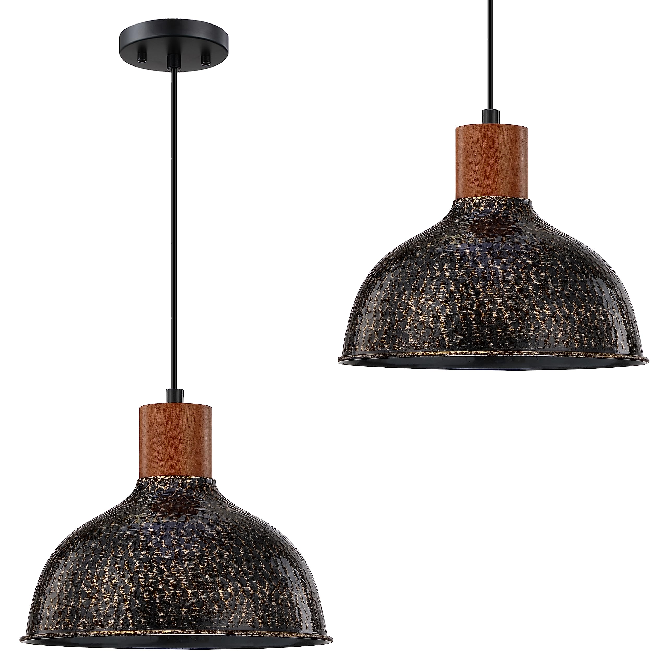Photo 1 of 1 Light 10” Black Vintage Pendant Light Fixtures,Industrial Hammer Metal Hanging Light Rubber Wood Gold Finish Pendant Lamp Kitchen Island,Farmhouse Dining Room Over Sink (Black, 2 Pack) 2 pack Black