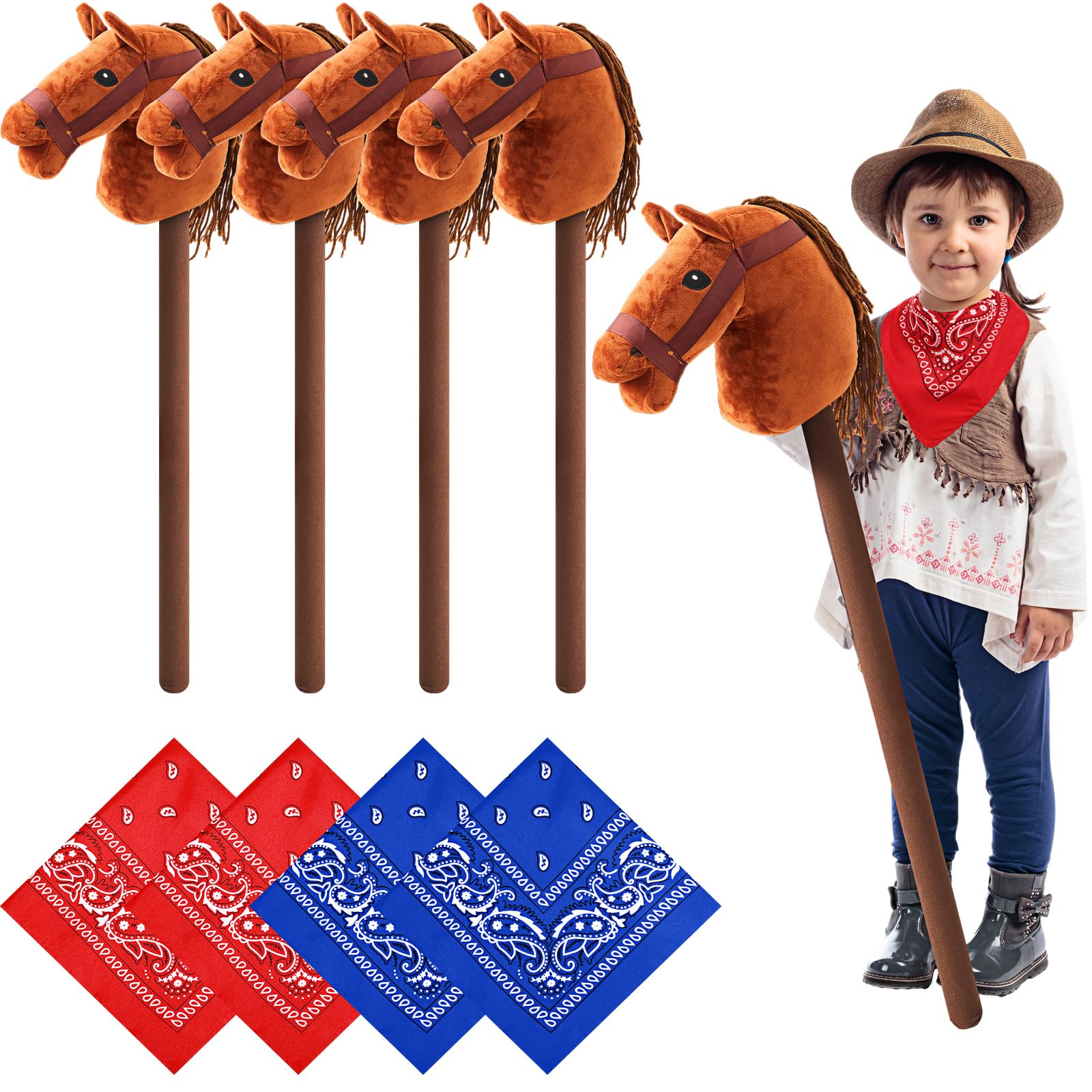 Juego de 8 unidades de palo de caballo marrón claro con sonido rojo y azul Bandana Set de juguetes Stick Horse Western Cowboy Bandana Cabeza de caballo palo con sonido vecino para niños y niñas