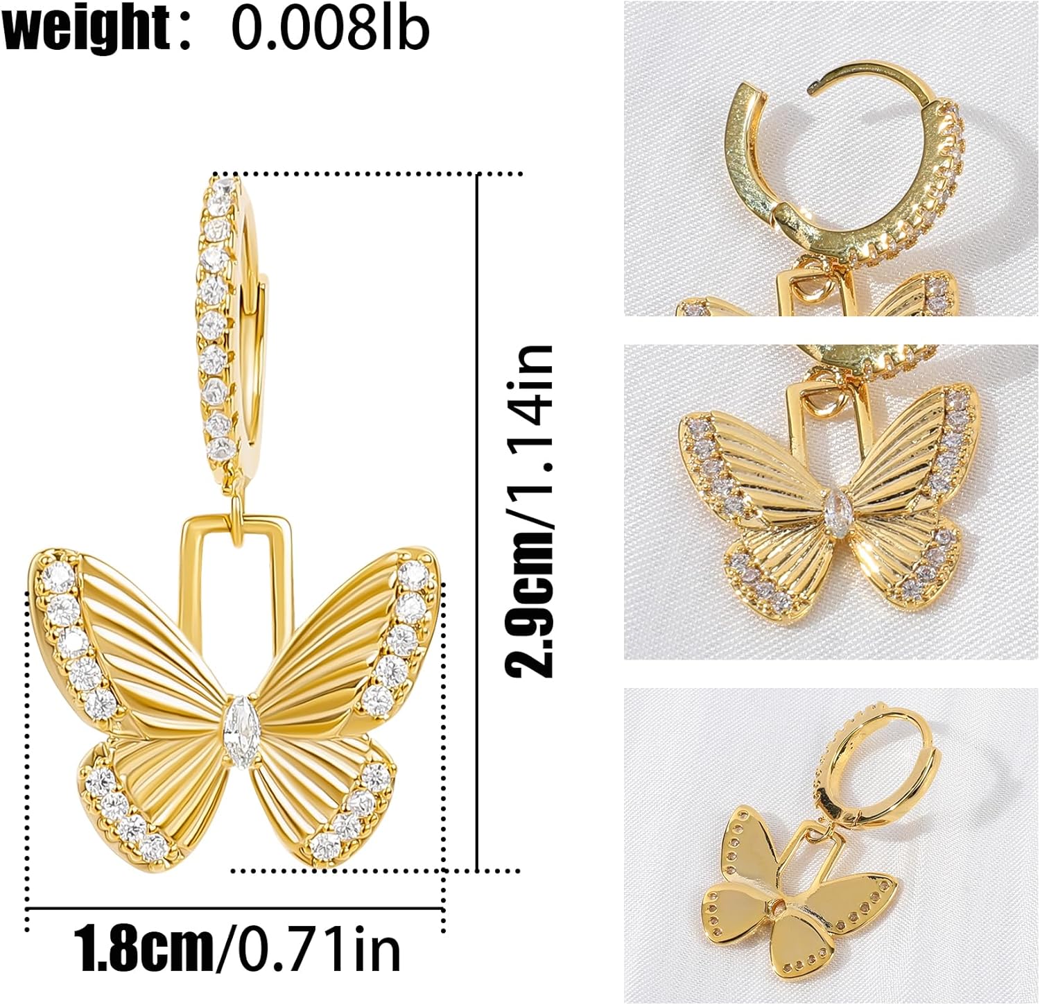 Gold Dangle Butterfly Earrings for Women 14K Gold Plated Cubic Zirconia Butterfly Huggie Hoop Earrings Elegant Drop Intersect Fairy CZ Textured Butterfly Earrings Trendy Summer Jewelry Gift for Women - Image 2