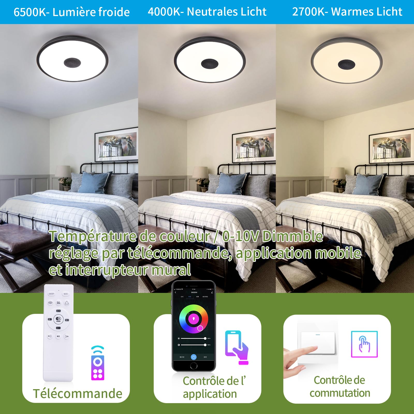 Lampada da soffitto a LED impermeabile, con altoparlante Bluetooth, funzione RGB, illuminazione regolabile, controllo tramite l'app Tuya, compatibile con Alexa e Google Home