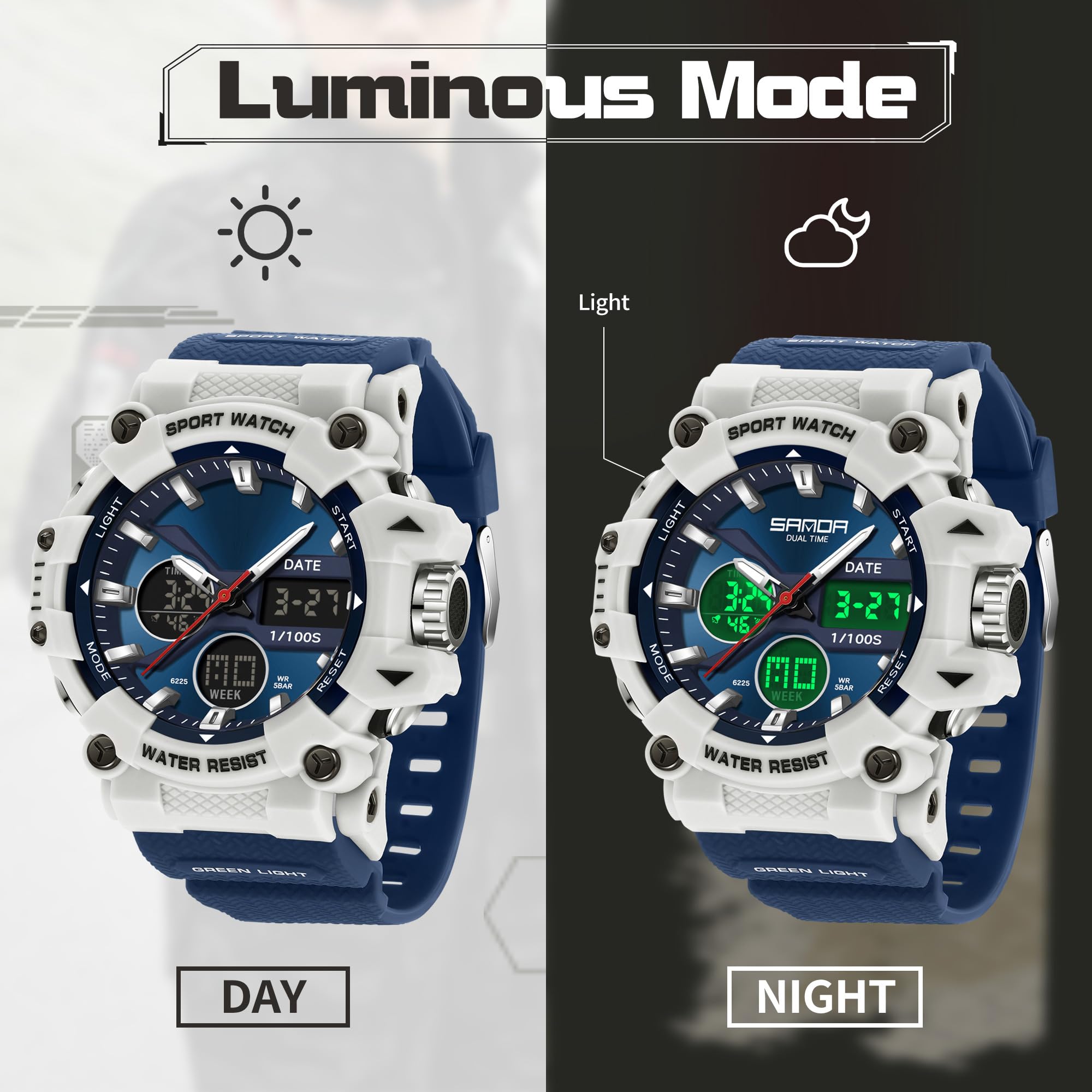 Montre militaire pour homme - Montre numérique - Analogique - Pour homme et garçon - Multifonction - Réveil - Montre militaire - Montre numérique LED - Étanche jusqu'à 5 ATM