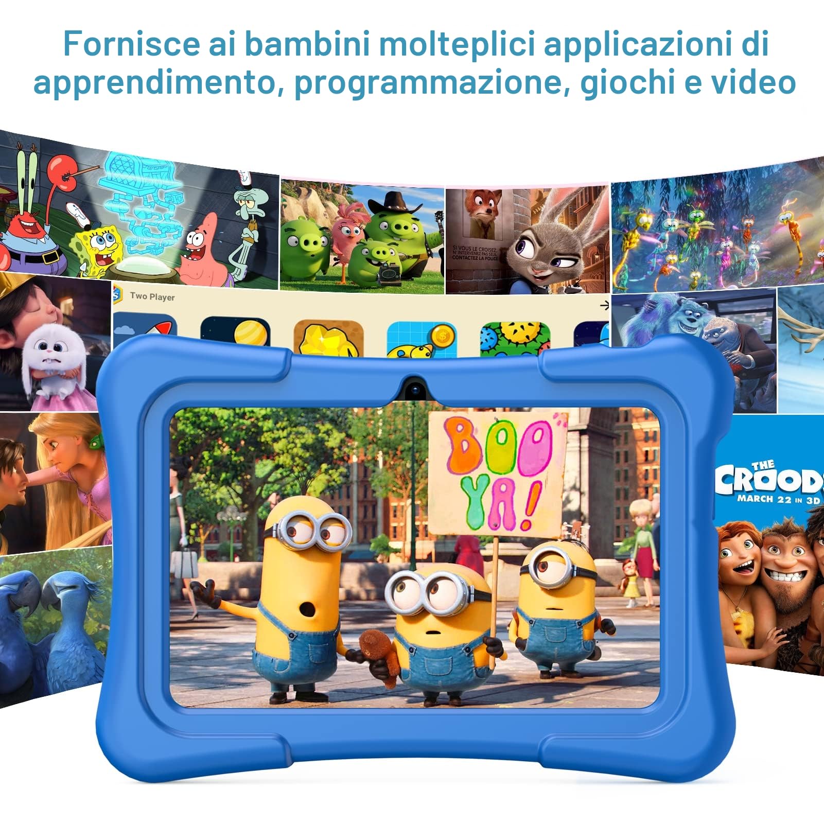 PRITOM Tablet per bambini 7 pollici Android 11, 2 GB RAM 32 GB ROM BT WiFi Doppia fotocamera Giochi educativi Controllo genitori Software con custodia per tablet di tipo C blu