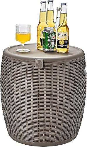 Miniatura 8 de Giantex Enfriador de hielo de 9.5 galones, pecho de hielo redondo de mimbre, cubo de hielo para vino de cerveza al aire libre, tapón de drenaje con