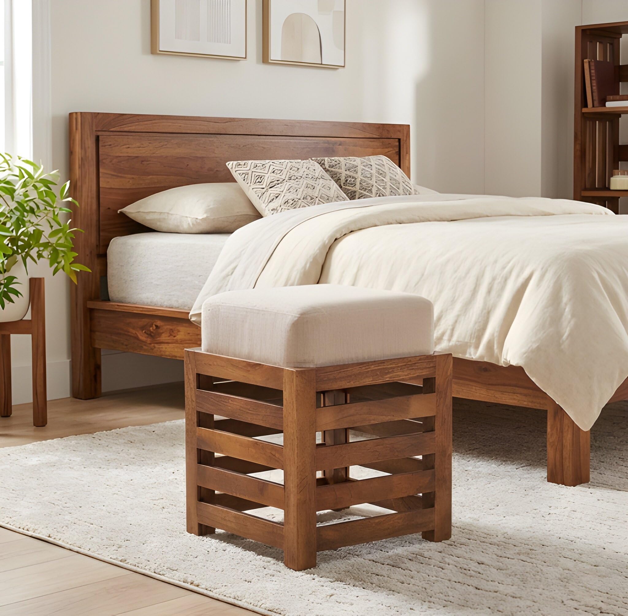 Modern Square Stool with Cushioned Seat, Durable Wooden Sitting Stool, Comfortable Footrest Ottoman, Small Side Table for Living Room & Bedroom, Stylish Compact Home Furniture-image-29