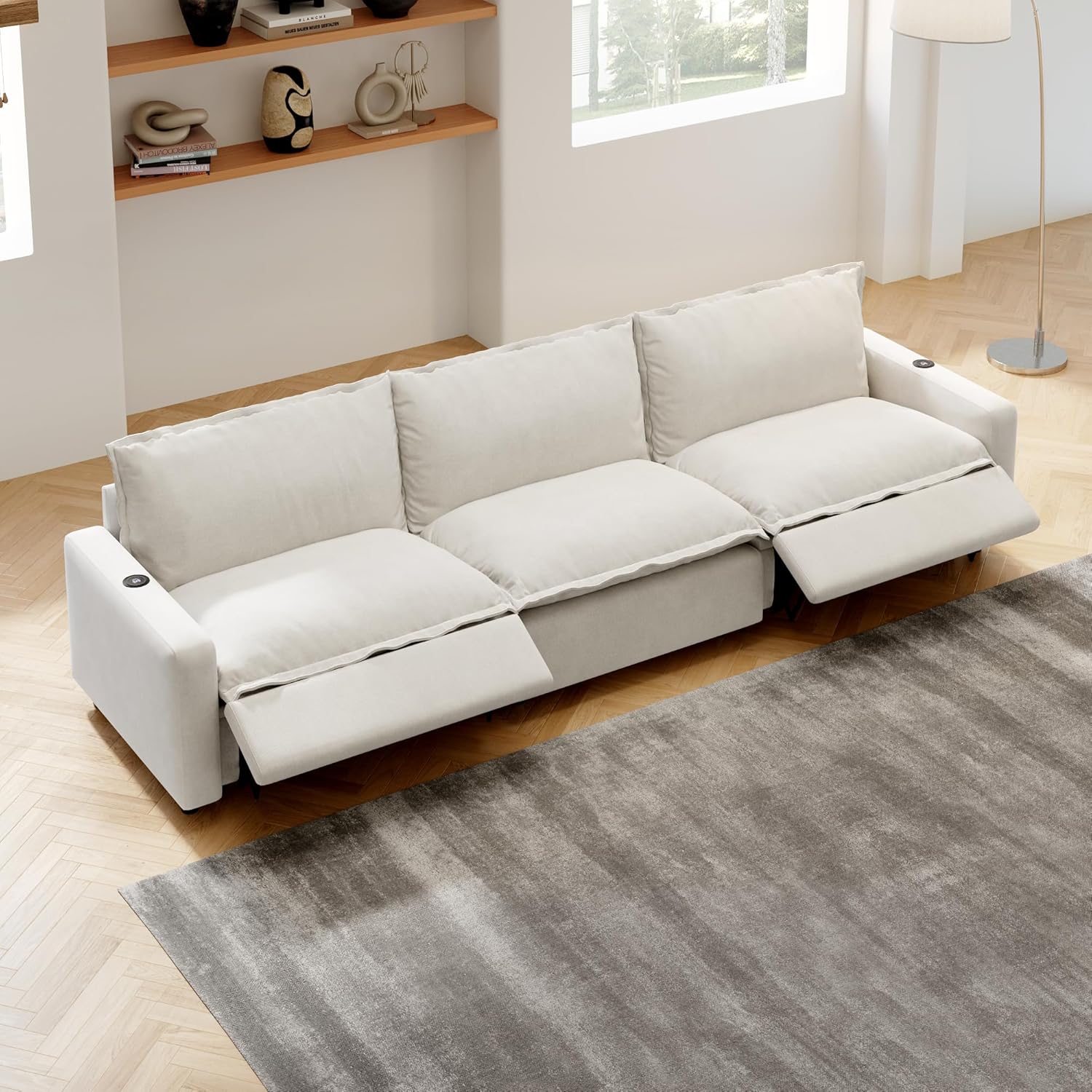 116 Inch Modular Sectional Couch with 2 Power Recliners, 3 Seater Cloud Sectional Sofa for Living Room, Modern Sofas with Deep Seat, Heated Seat Cushion, Covers Removeable, Linen Fabric, Beige