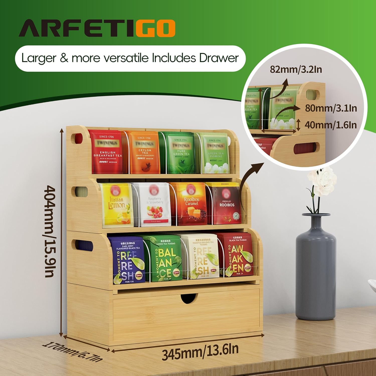 Bamboo Tea Bag Organizer for Coffee Bar, 4 Tier Modular Tea Organizer with Drawer, Large Capacity Tea Storage Box, Stackable Tea Station Organizer, No Assembly, Kitchen Counter