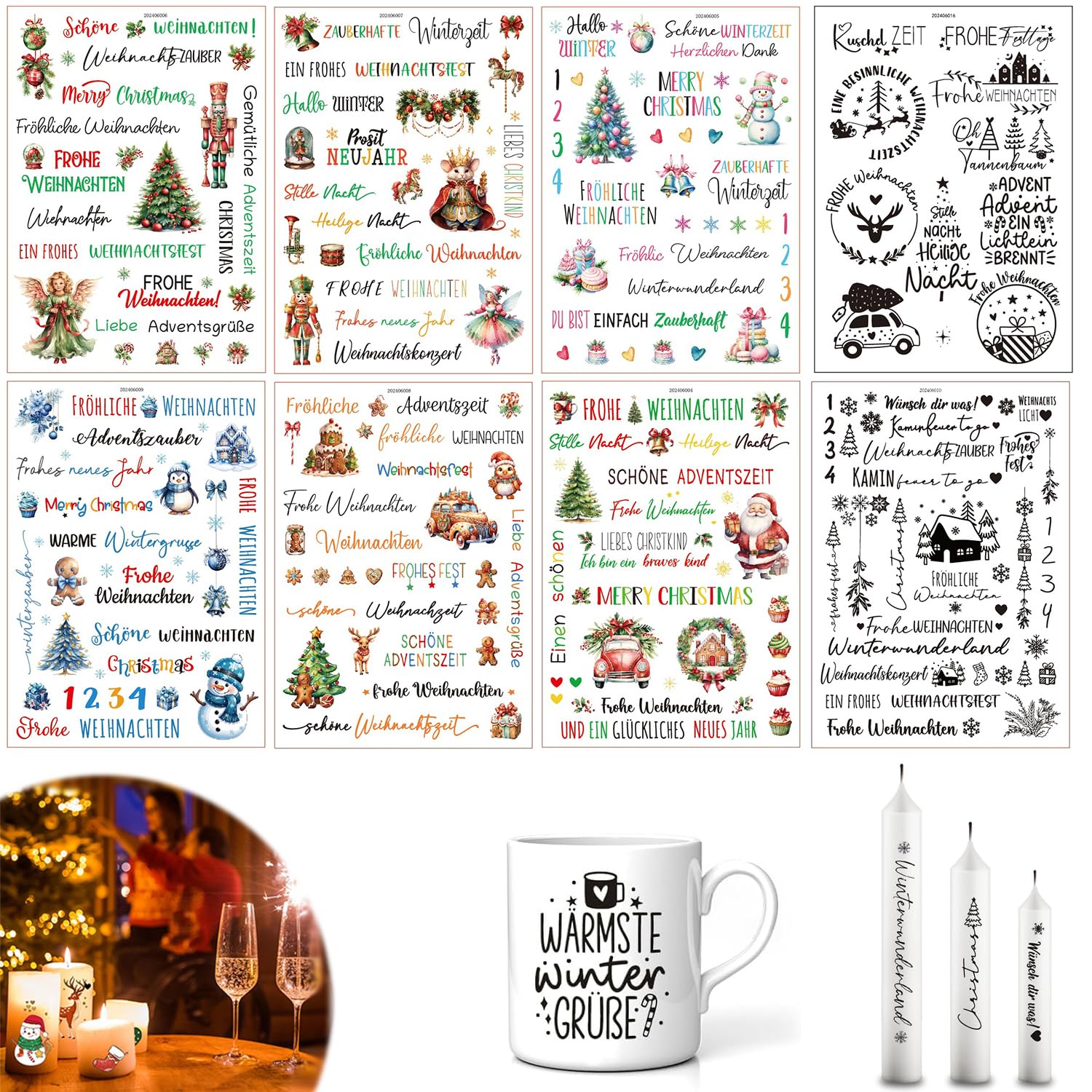 8pcs Rub On Stickers, Rub On Stickers Christmas | Rub-on Transfer Sticker, Christmas Rub On Stickers, Christmas Rub On Transfers for Crafts, Christmas Theme Waterproof Merry Christmas Stickers,