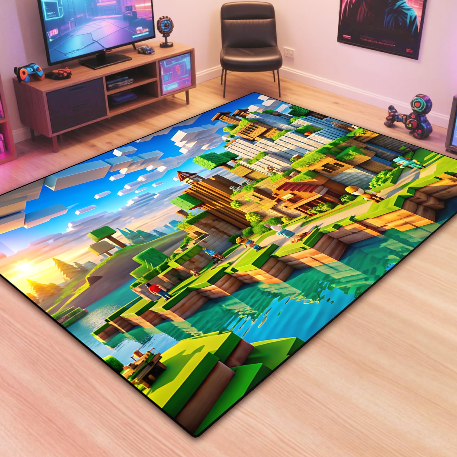 Block Game Rug Teen Kids Carpet, Pixel Games Scene Decoration Mat, Washable Cube Block Game Rugs for Boy’s Bedroom Living Room Playroom, Non-Slip