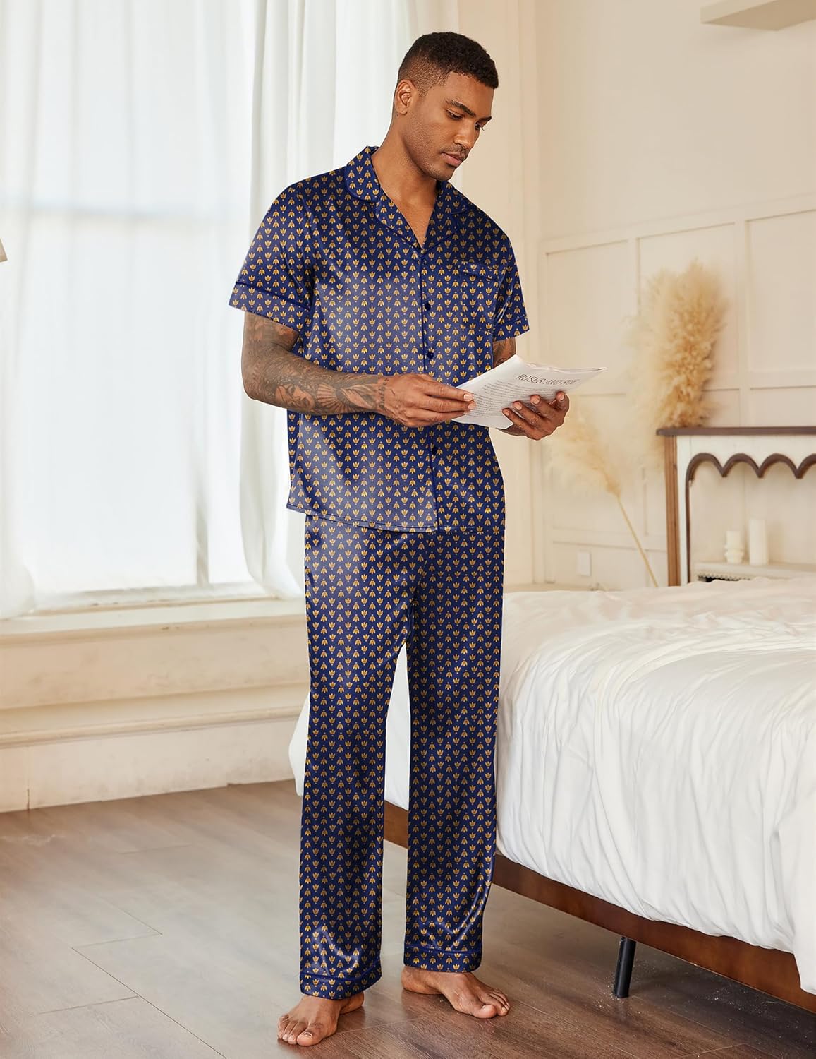 Ekouaer Mens Satin Pajama Set Short Sleeve Button Down Sleepwear Classic Loungewear Set with Long Pants - Image 2
