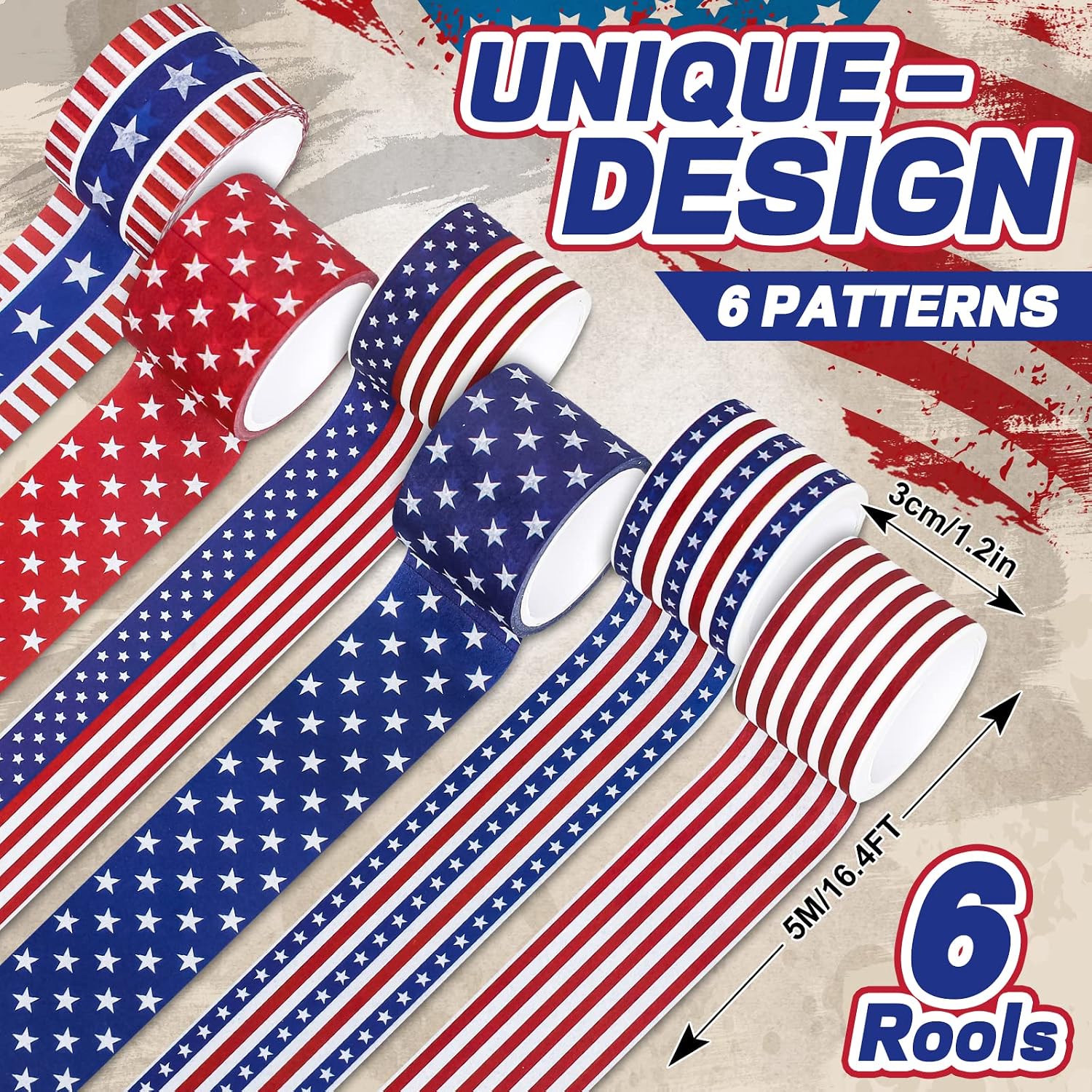 Whaline 6 Roll 4th of July Washi Tape Patriotic Star Stripe Wide Masking Tape 16.4ft x 1.2in USA Flag Red Blue White Decorative Paper Tapes for Independence Day Scrapbook Gift Wrapping DIY Art Crafts