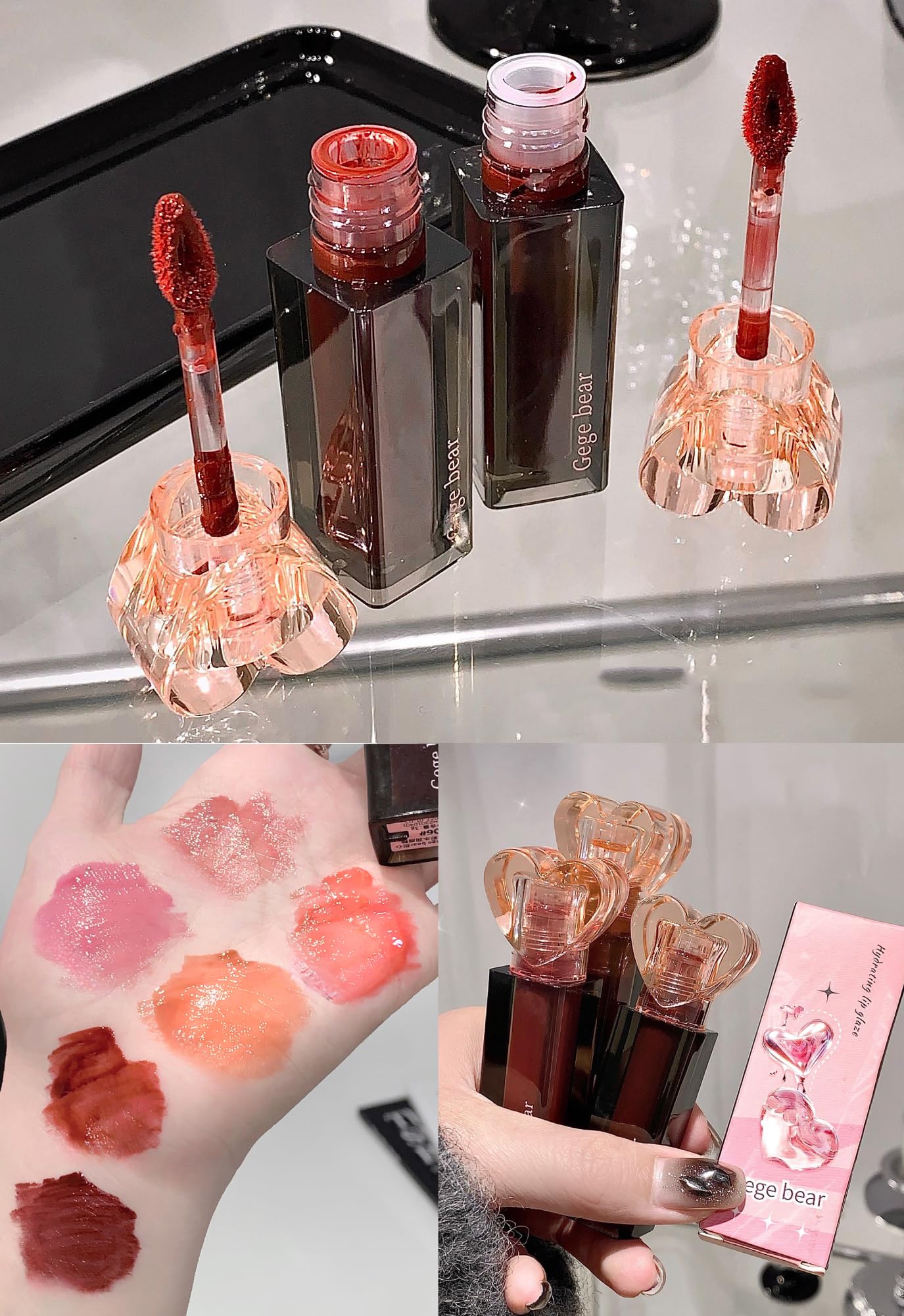 Gege Bear Sweetheart Lip Glaze | 6 Glossy Lip Colors with Heart-Shaped Cap | Korean Style Translucent Lip Gloss for Women | Lightweight Lip Tint with Moisturizing Formula | Lipstick Combo for Girls | Non-Sticky Glossy Finish (02#RED GRAPEFRUIT TEA (Red Grapefruit), 3g)-image-48