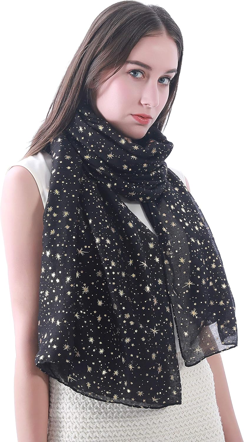 Silver Gold Glitter Shimmer Sparkle Foil Star Print Women's Scarf Shawl Wrap Lightweight - Image 2