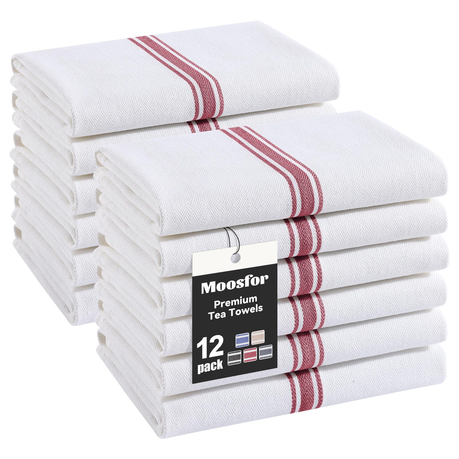 Moosfor 100% Organic Cotton Tea Towels Extra Large, Highly Absorbent Soft Dish Cloths, Lint Free Quick Drying kitchen Towel, Premium Dish Towels for Kitchen, Pack of 12, 38 x 64 cm, Red