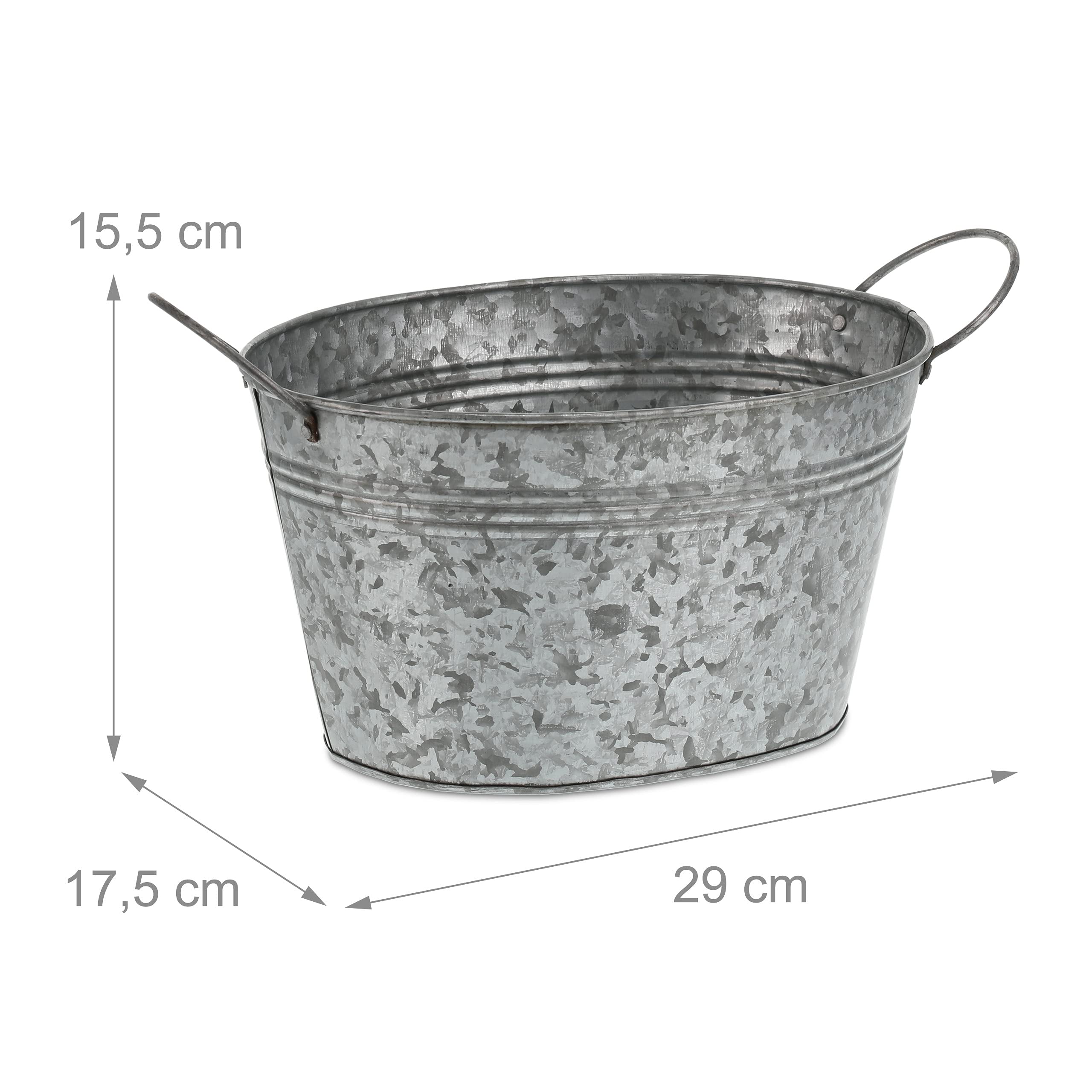 Relaxdays Pack 4 Macetas de Metal, Tiestos Flores de Exterior, Jardineras Ovaladas, 15,5x29x17,5 cm, Vintage, Plateado