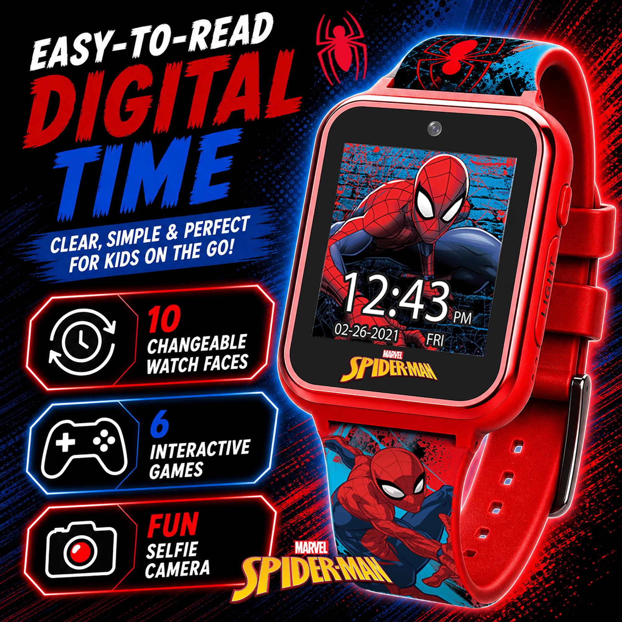 Accutime SPD4588 smartwatch dziecięcy, zegarek dziecięcy z kamerą do selfie, ze stoperem, 6 gier, 3 tła, 10 cyferblatów, dyktafon, zegarek fitness, budzik, czerwony