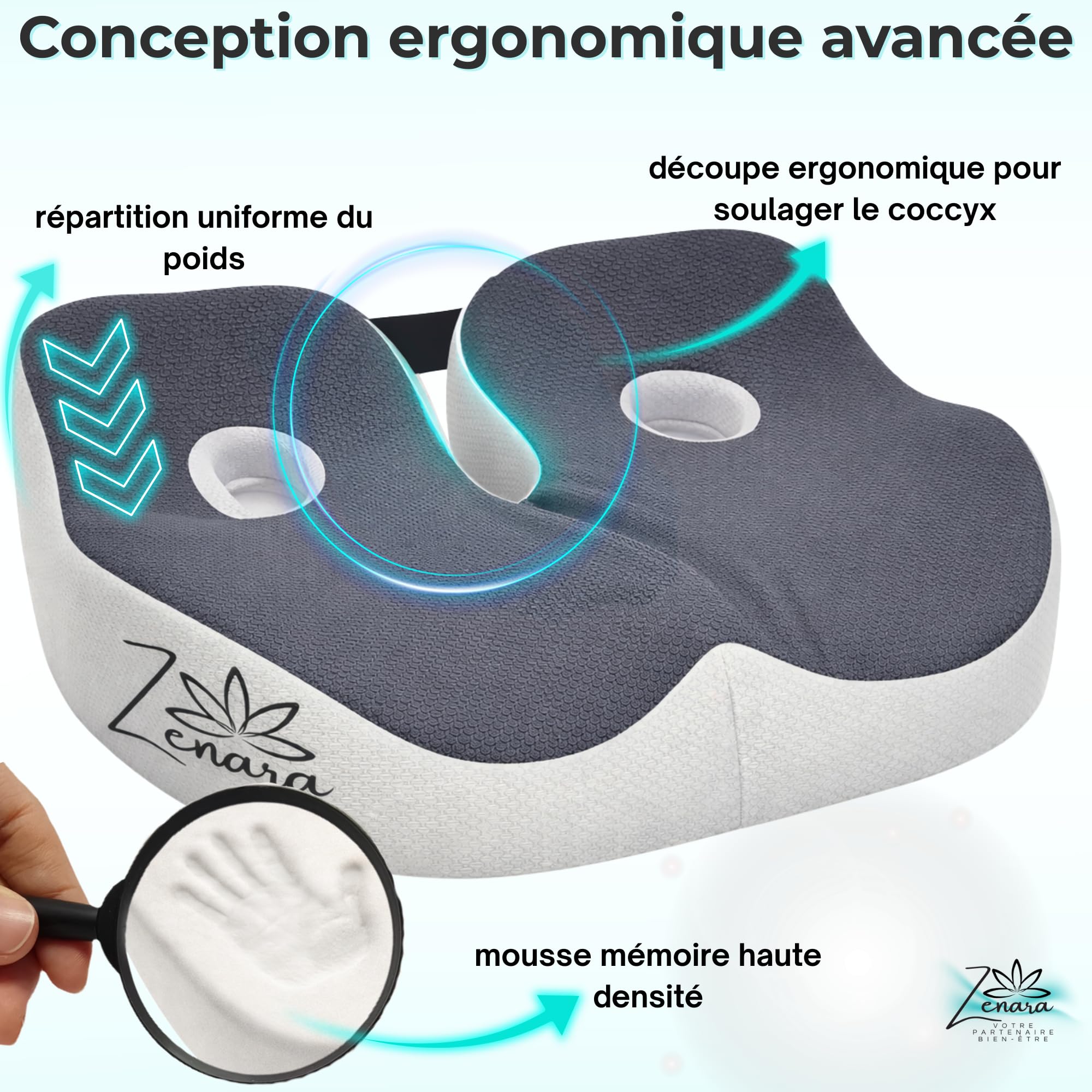 Zenara Coussin Coccyx Chaise Bureau Ergonomique – Coussin Orthopédique Assise en Mousse à Mémoire de Forme – Coussin Siège Voiture et Bureau pour Améliorer la Posture et Réduire la Pression Coccyx