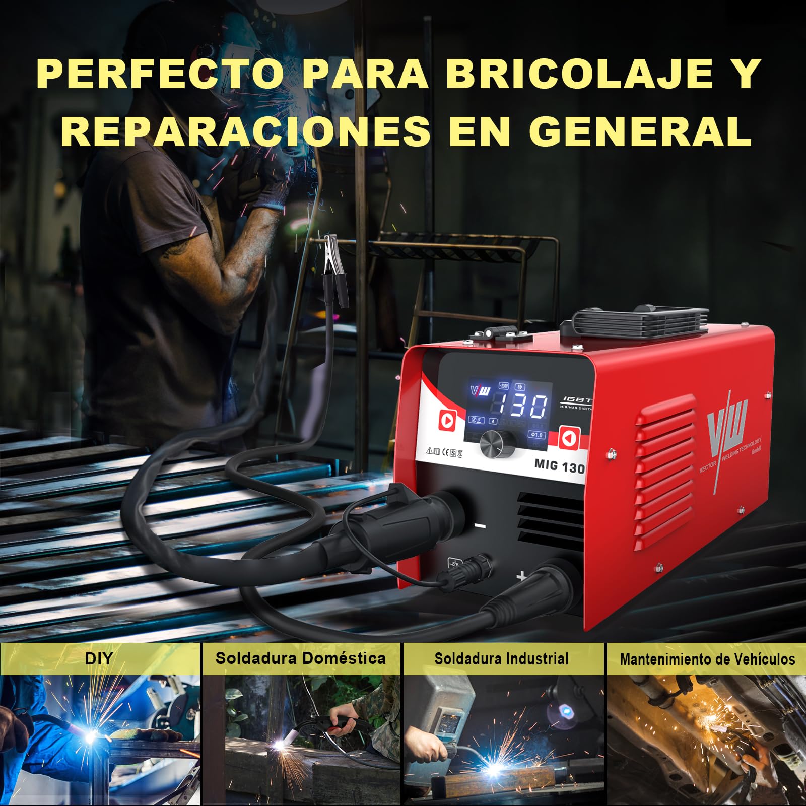 VECTOR WELDING Soldador de Hilo sin Gas 130 A, Máquina de Soldar Interver | Soldadura con Electrodo, Tecnología IGBT, Pantalla LED Digital, Incluye Hilo Tubular de 1,0 mm, para Hogar y Principiantes