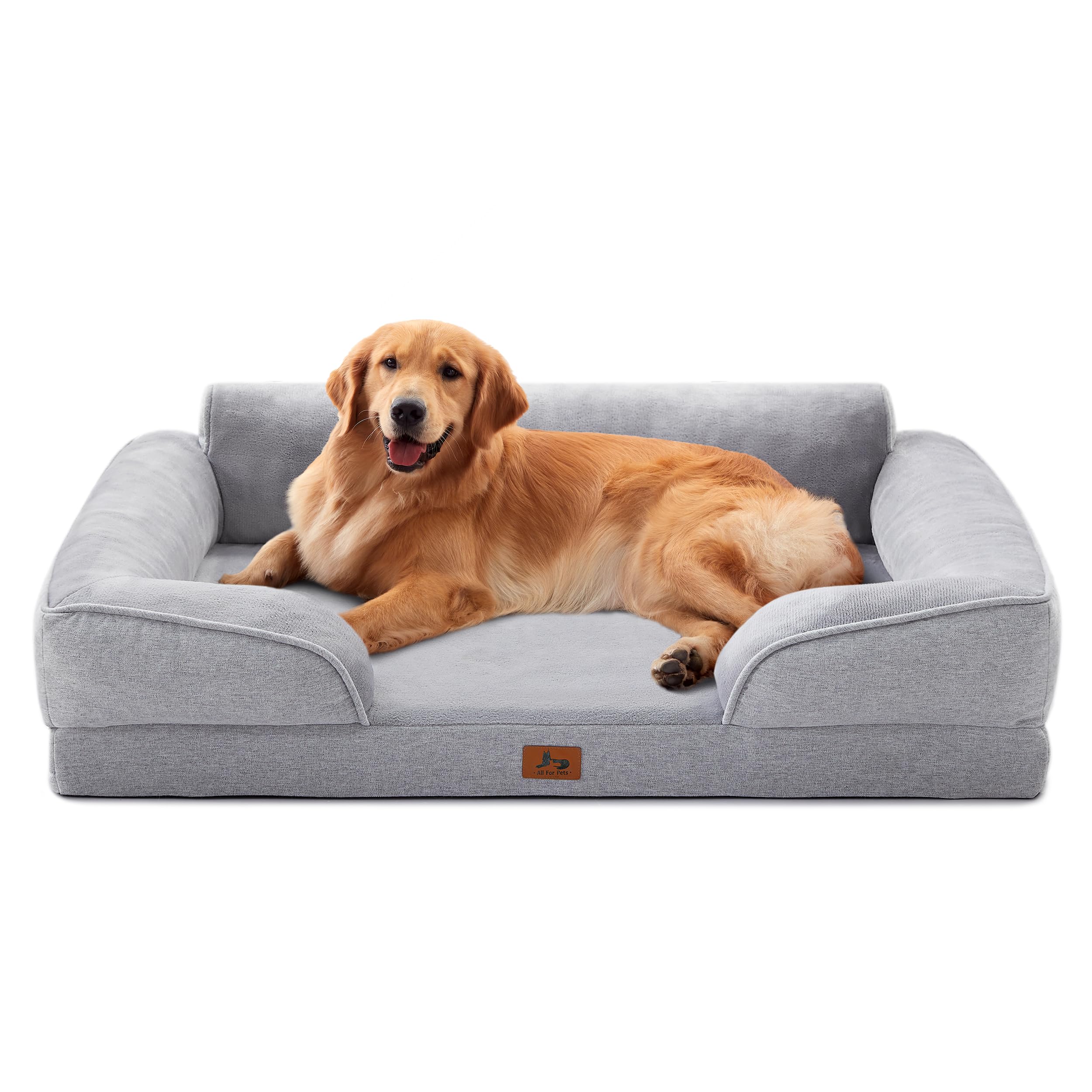 Warmrest Orthopedic Dog Beds for Large Dogs, Waterproof XL Pet Couch Bed with Soft Sides, Washable Dog Sofa with Flannel Removable Cover, 42" L Supportive Egg-Crate Foam Pet Sofa, Light Grey