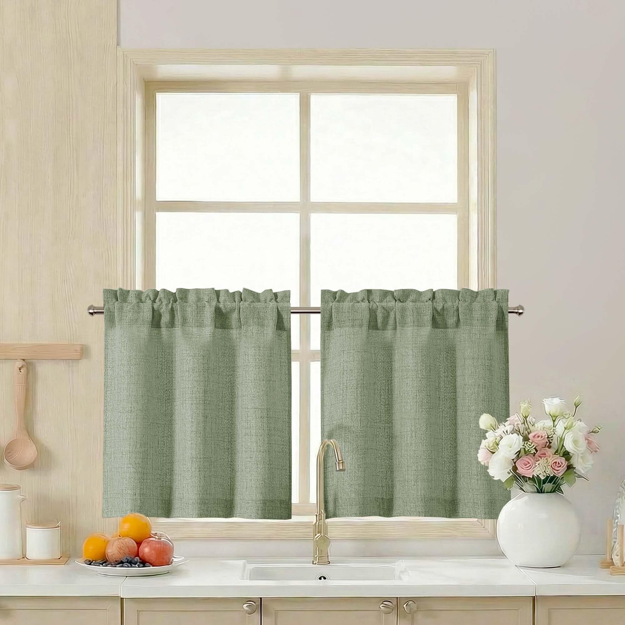 Photo 1 of LIVEKID Green Kitchen Curtains 24 Inch Length, Light Filtering Faux Linen Textured Small Cafe Curtains, Short Window Curtain Tiers for Cabinet Bathroom Basement RV Camper, 30Wx24L Inch, 2PCS