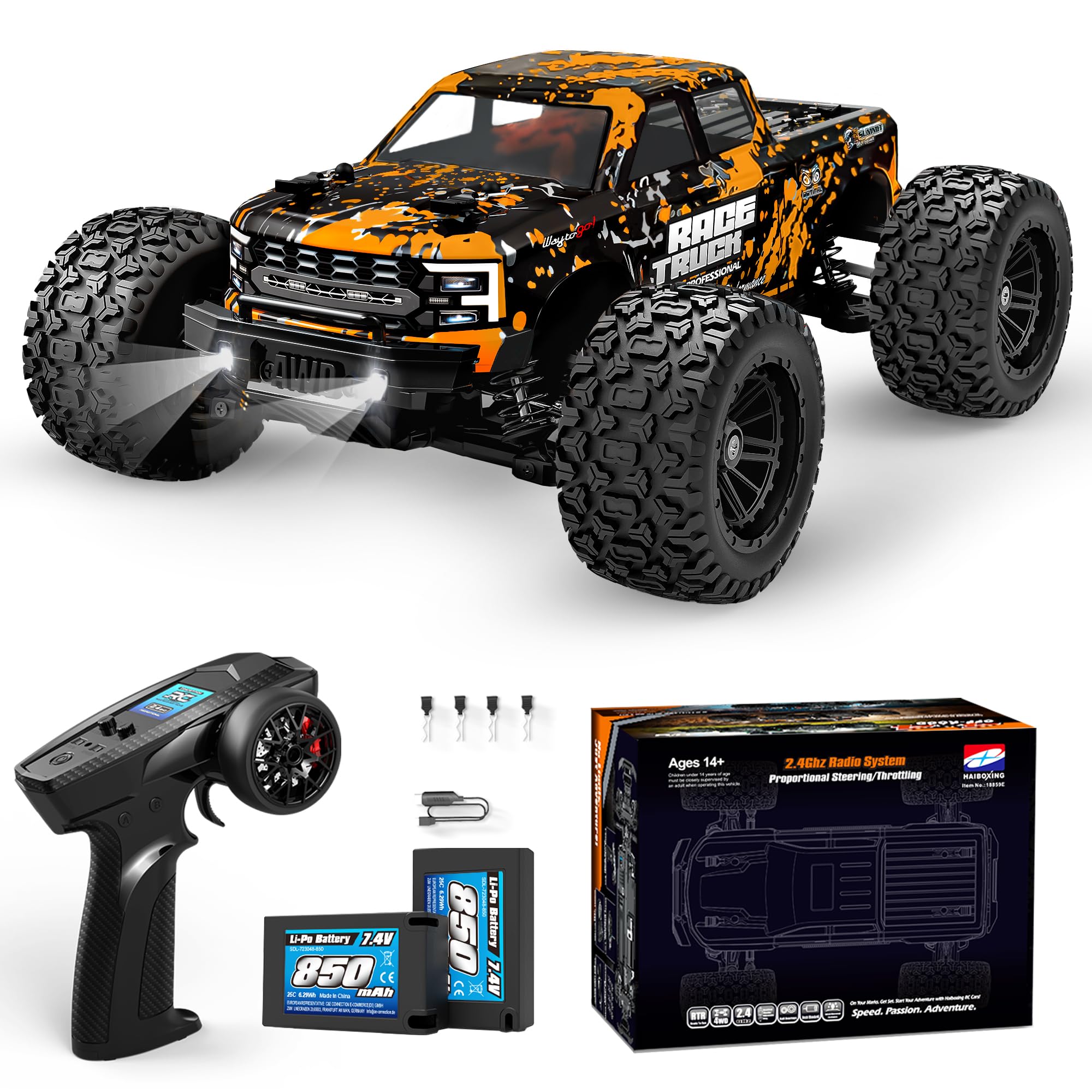 HAIBOXING Ferngesteuertes Auto 4WD RC Auto 36 km/h Hochgeschwindigkeits 1/18 Monstertruck 2.4GHz All Terrain Wasserdicht Rennauto Geländewagen, Spielzeug Geschenk für Kinder Erwachsene18859E