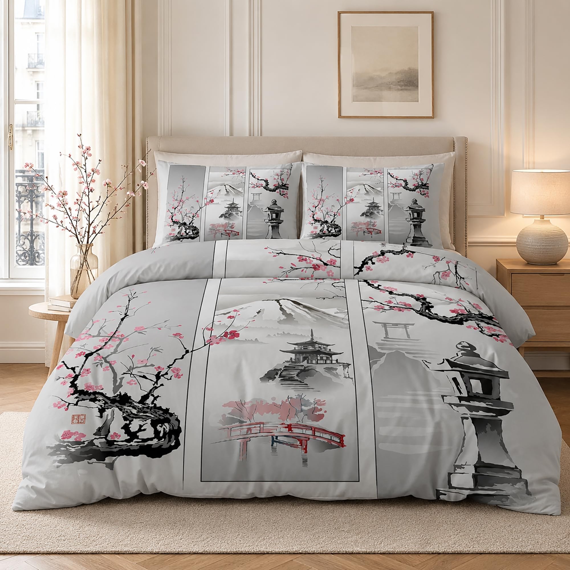 Parure de Lit 240 x 260 Japonais Housse de Couette 2 Personnes Réversible, Housse Couette Imprimée Fleur de Cerisier en Microfibre et 2 Taie d'oreiller 65x65 cm avec Fermeture Éclair