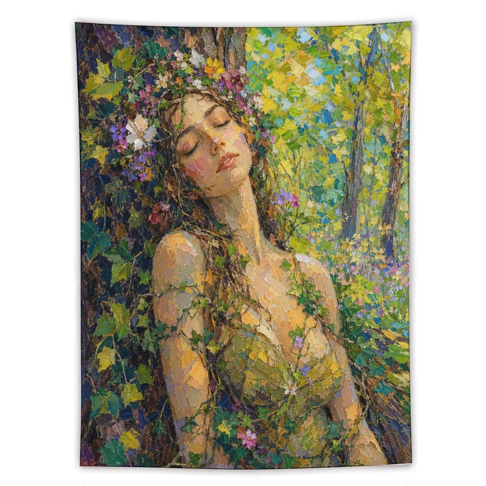 H3B8U2Y5 Forest Nymph with Flowers Wall Tapestry, Surrealist, Room Divider