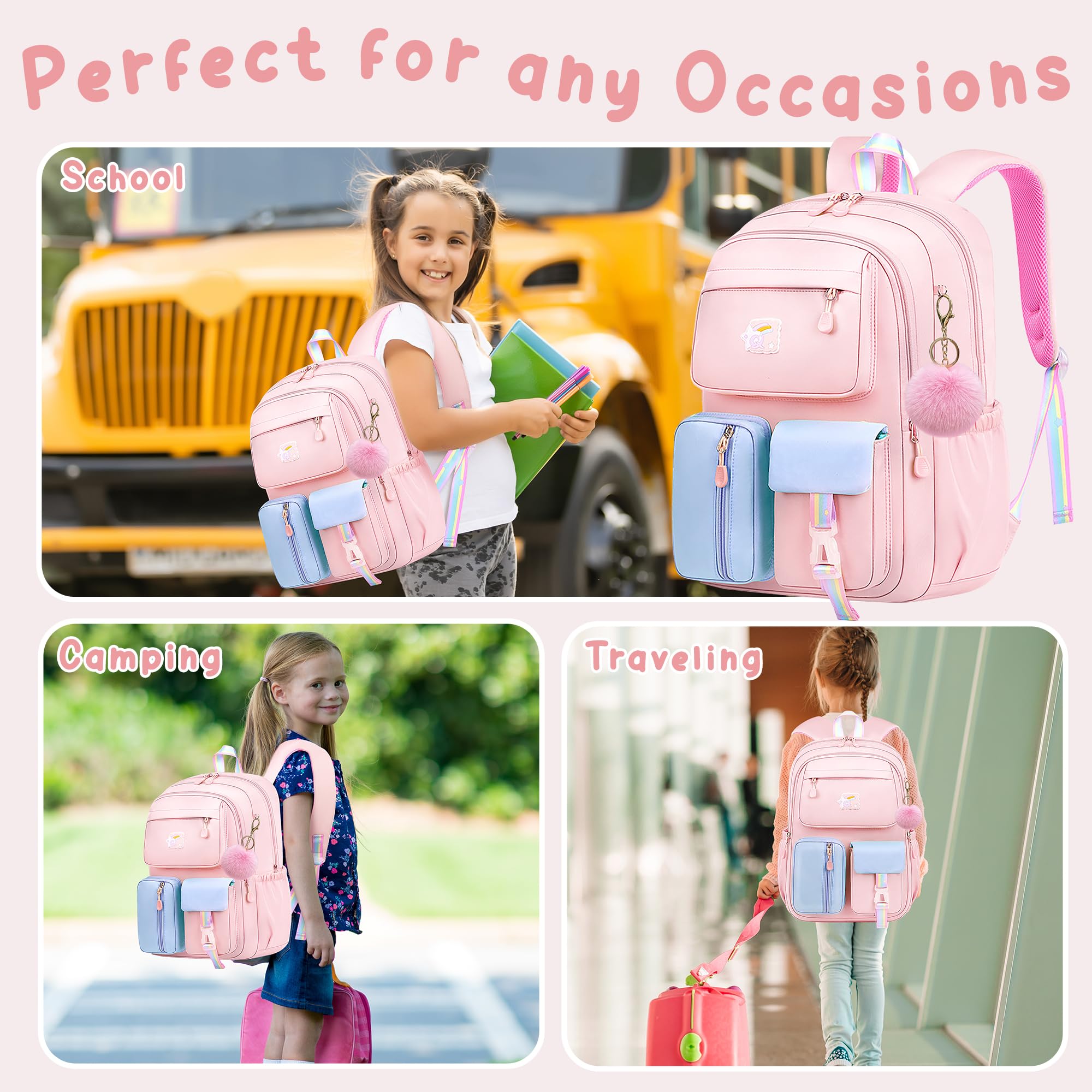 Wood Homing School Bag for Girls with Large Capacity Waterproof Cute Backpack with Laptop Compartment for Teen Kids Kindergarten Daily Multi-Compartment School Backpack with Hairball Pendant