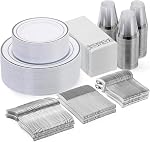 Goodluck 700 Piece Gold Dinnerware Set for 100 Guests, Disposable for Party, Include: 100 Gold Rim Dinner Plates, 100 Dessert Plates, 100 Paper Napkins, 100 Cups, 100 Plastic Silverware Set