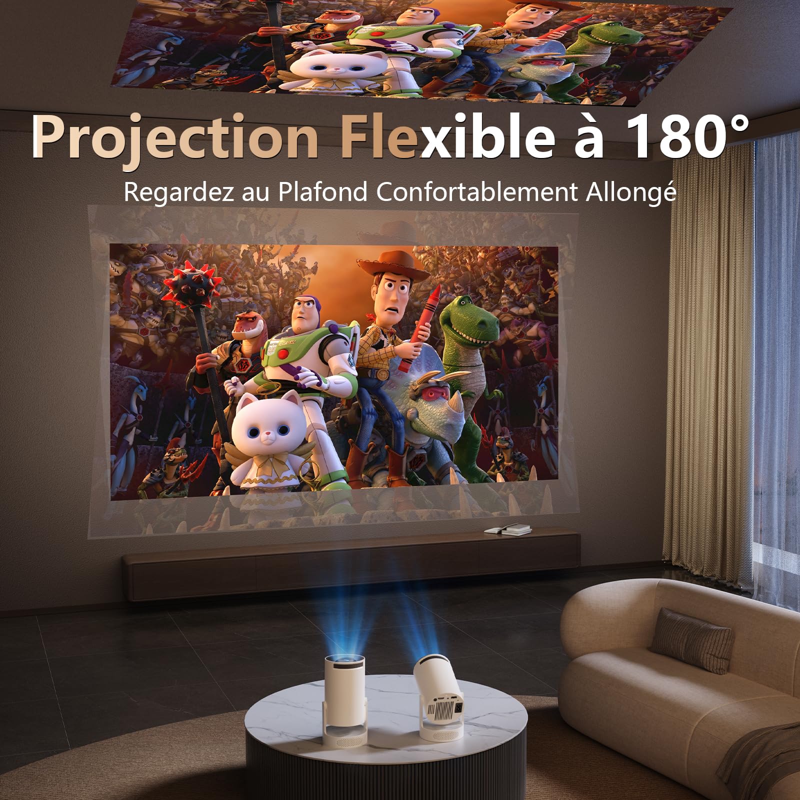 Mini Projecteur Intelligent, Projecteur Vidéo Hi-FI avec Prise en Charge de la 4K 1080P, 300 Lumens ANSI, WIFI6 et Bluetooth et Projecteur à Correction Automatique pour Cinéma à Domicile
